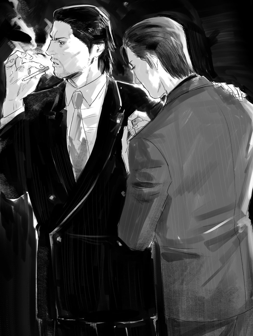 ne, dojima daigo, mine yoshitaka, ryuu ga gotoku (series), ryuu ga gotoku 3, commentary request, highres, 2boys, ahoge, beard, cigarette, facial hair, formal clothes, greyscale, hair slicked back, hand on another's shoulder, holding, holding cigarette, jacket, male focus, monochrome, multiple boys, necktie, pinstripe pattern, pinstripe suit, smoking, suit, tyag53, upper body