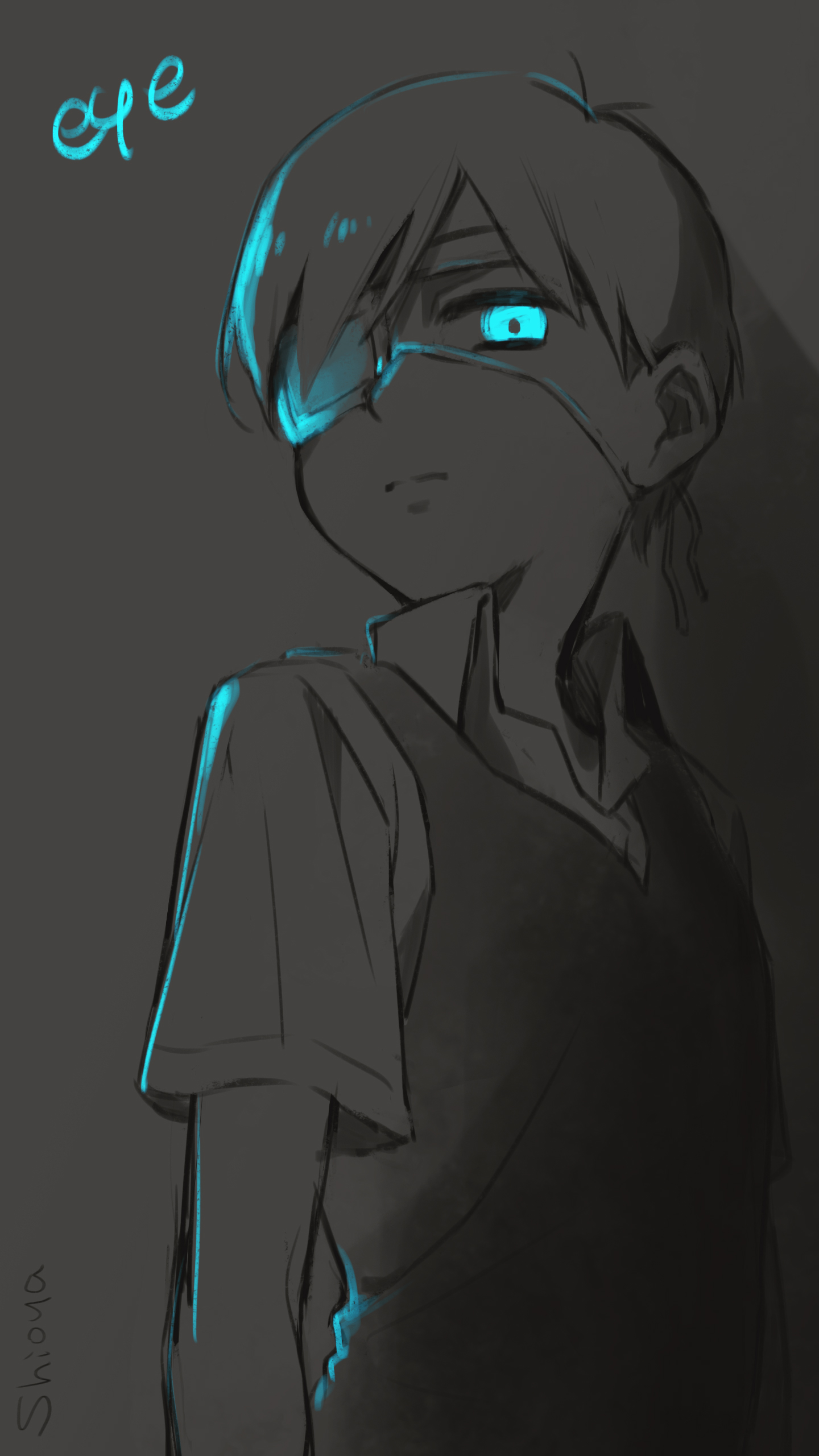 shioya (shioya omo), sunny (omori), omori, absurdres, highres, 1boy, antenna hair, artist name, closed mouth, collared shirt, double-parted bangs, english text, eyepatch, greyscale, hair between eyes, looking at viewer, male focus, monochrome, shirt, short hair, short sleeves, solo, spot color, sweater vest, upper body