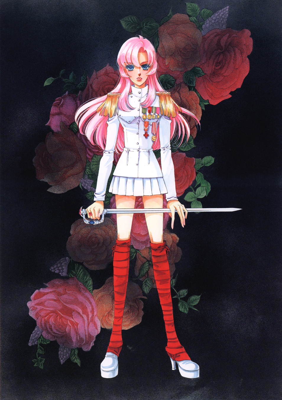 saitou chiho, tenjou utena, shoujo kakumei utena, uniform, highres, official art, traditional media, 1990s (style), 1girl, alternate costume, blue eyes, epaulettes, female focus, flower, high heels, holding, holding weapon, jewelry, long hair, long legs, looking at viewer, medal, miniskirt, parted bangs, parted lips, pink hair, retro artstyle, ring, rose, skirt, solo, sword, weapon