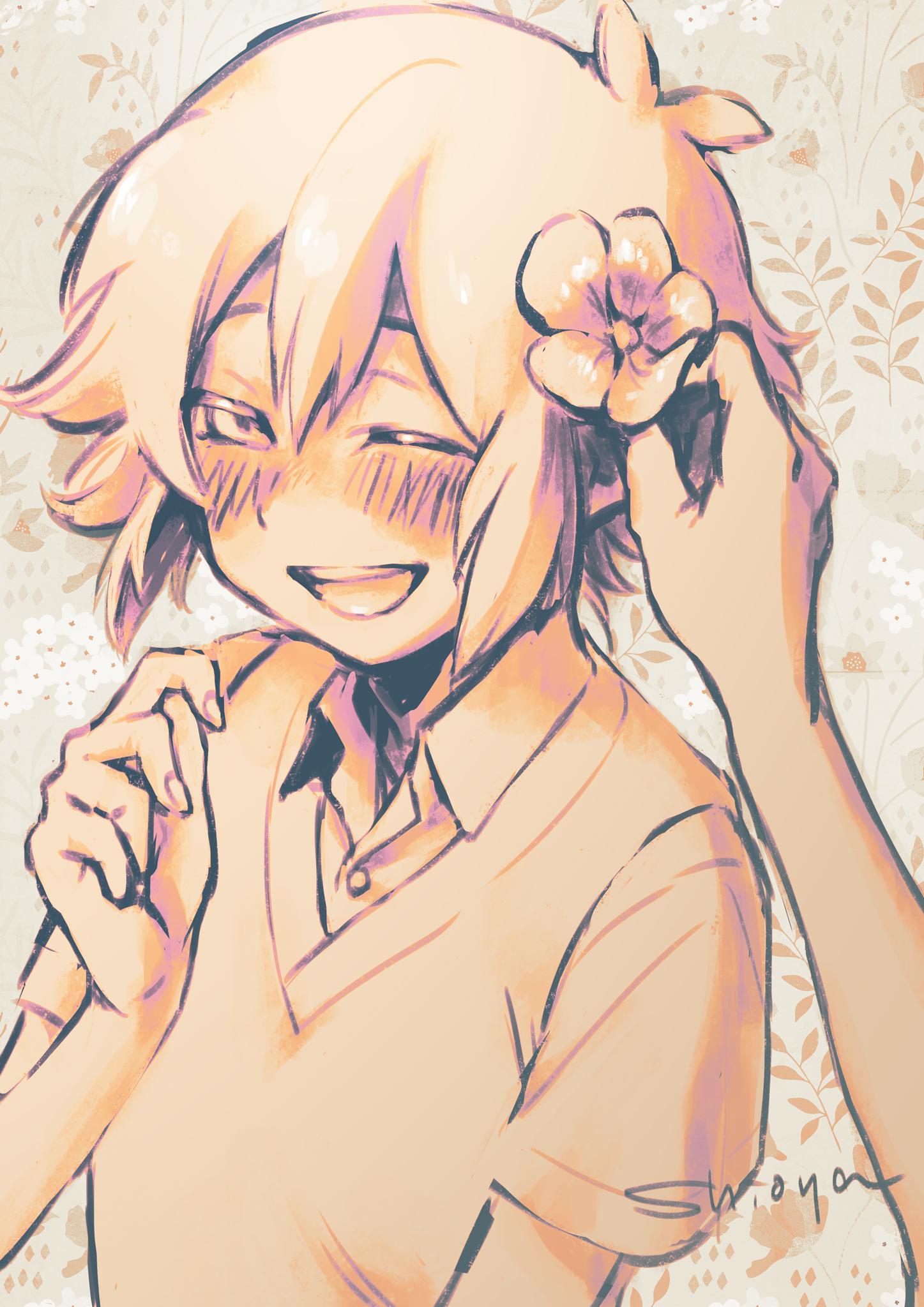 shioya (shioya omo), basil (faraway) (omori), basil (omori), omori, highres, 1boy, 1other, antenna hair, artist name, blush, collared shirt, double-parted bangs, hair between eyes, looking at viewer, male focus, monochrome, one eye closed, open mouth, shirt, short sleeves, sidelocks, smile, sweater vest, teeth, upper teeth only