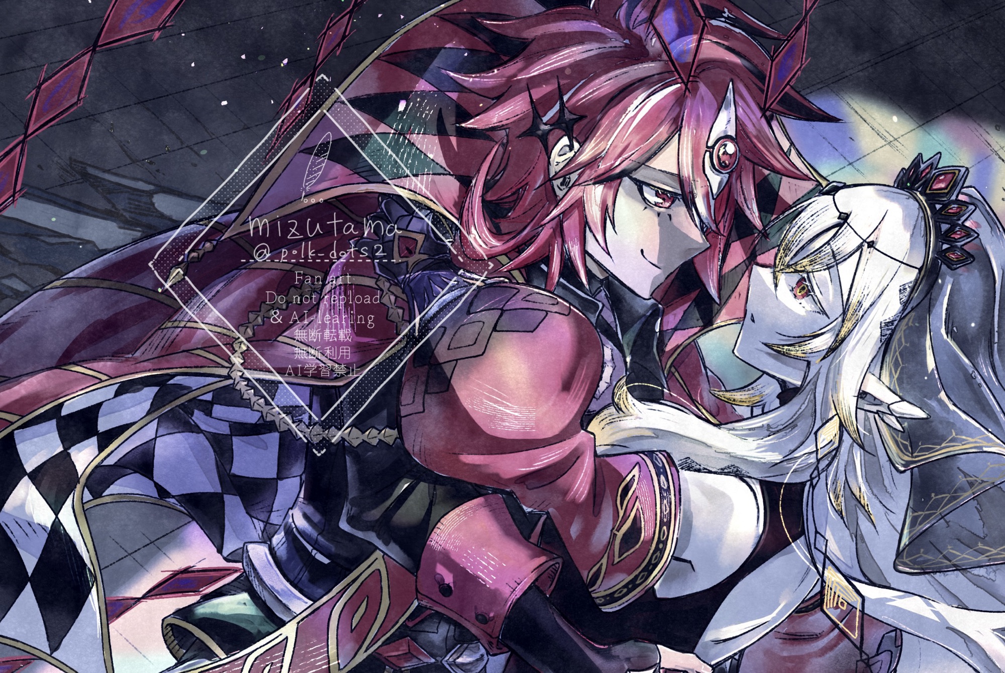 mizutama (mizutamalion), aluber (yu-gi-oh!), aluber the jester of despia, guiding quem the virtuous, yu-gi-oh!, commentary request, highres, tagme, 1boy, 1girl, bare shoulders, duel monster, forehead jewel, gloves, hair between eyes, long hair, pointy ears, red eyes, red hair, short hair, smile, tiara, twitter username, veil, white hair