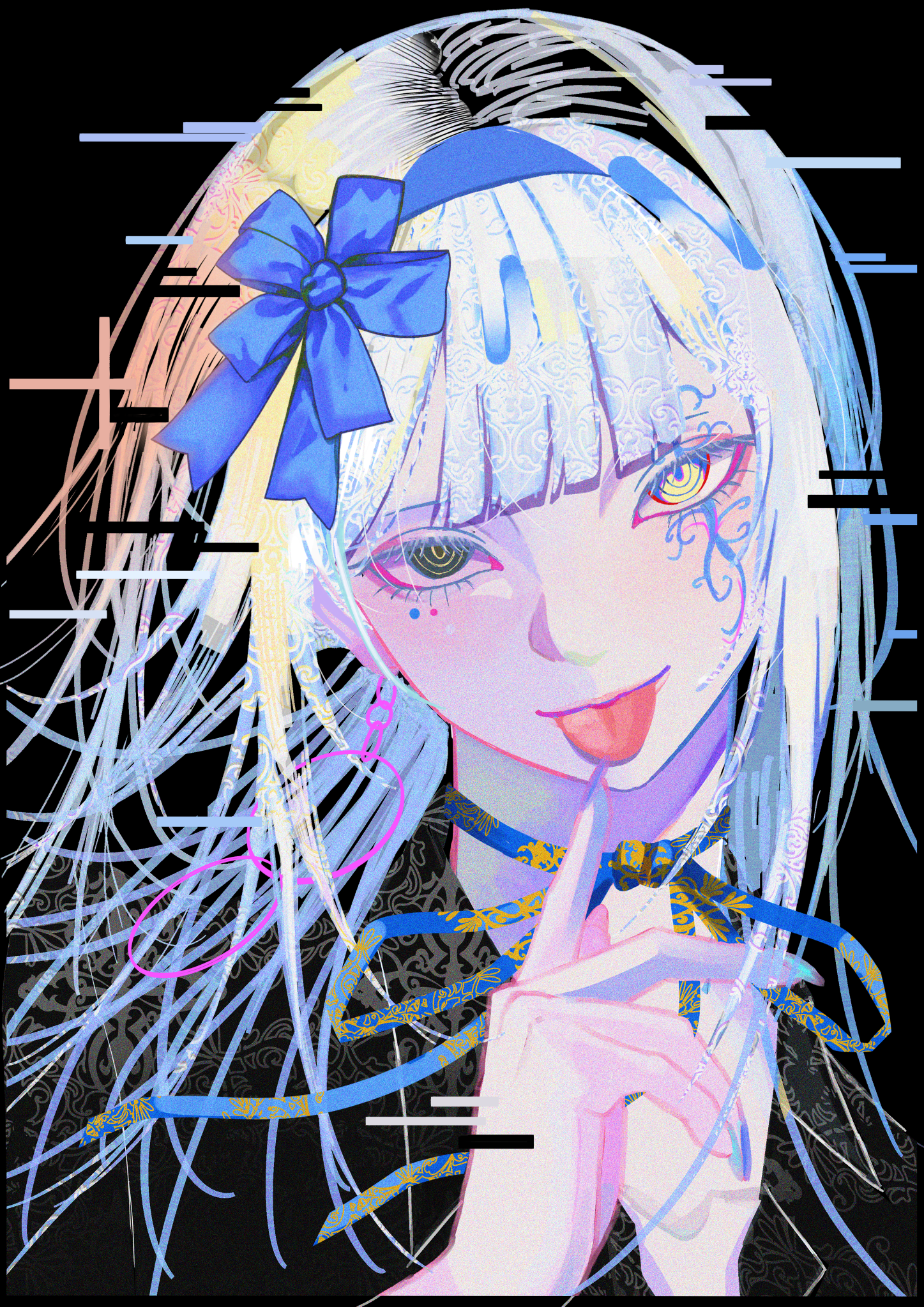 syakemayusan, original, commentary request, highres, 1girl, black background, black eyes, blunt bangs, chain, chain earrings, choker, concentric circles, contrast, earrings, facial mark, glitch, hair flowing over, head tilt, headband, heterochromia, hoop earrings, jewelry, long eyelashes, long hair, looking at viewer, makeup, multicolored hair, neon palette, pale skin, patterned clothing, patterned hair, portrait, ribbon, ribbon choker, solo, tongue, tongue out, white hair, yellow eyes
