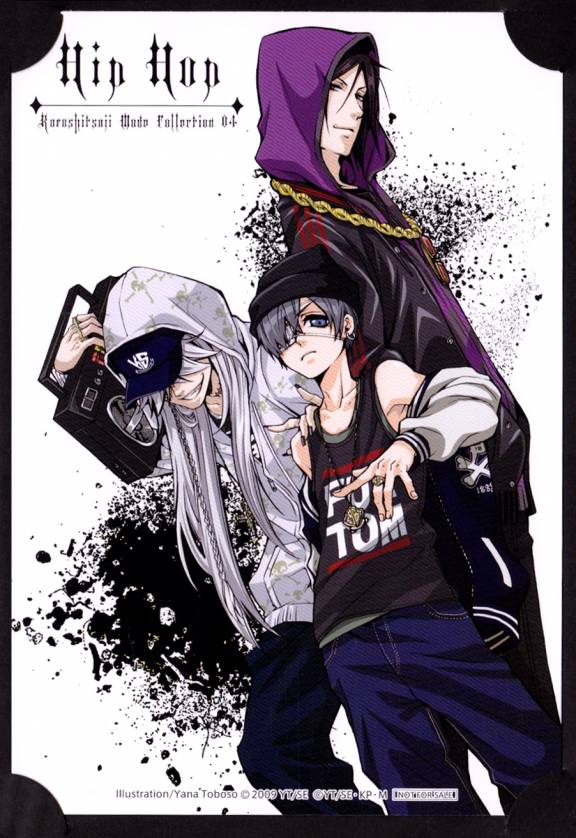 toboso yana, ciel phantomhive, sebastian michaelis, undertaker, undertaker (kuroshitsuji), kuroshitsuji, silver hair, official art, scan, 00s, 3boys, alternate costume, black hair, blue eyes, braid, chain, eyepatch, gesture, hat, hip hop, hood, hoodie, jewelry, long hair, male focus, multiple boys, nail polish, radio, red eyes, yana toboso