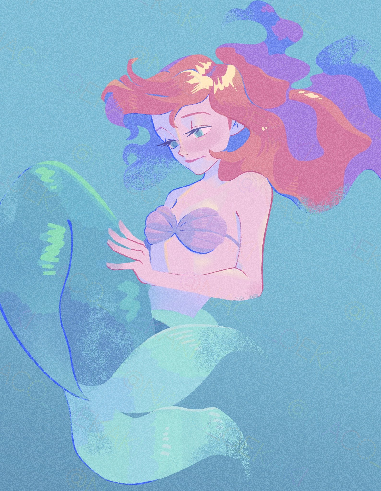 naco oekaki, ariel (disney), the little mermaid (disney), commentary request, highres, 1girl, aqua background, aqua tail, bare arms, bare shoulders, bikini, blue eyes, breasts, closed mouth, fins, fish tail, hand on own tail, long hair, medium breasts, mermaid, midriff, monster girl, red hair, shell, shell bikini, solo, swimsuit, tail, underwater