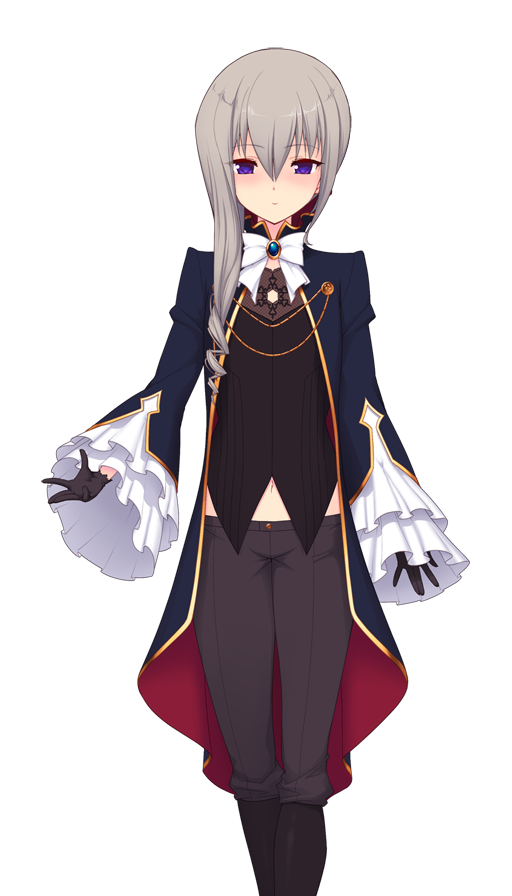 saitou natsuki, suhamaya, kourin tenshi en ciel rena, game cg, large variant set, non-web source, official art, variant set, 1girl, black gloves, blush, boots, general cocytus, gloves, grey hair, long hair, looking at viewer, pants, purple eyes, smile, solo, transparent background