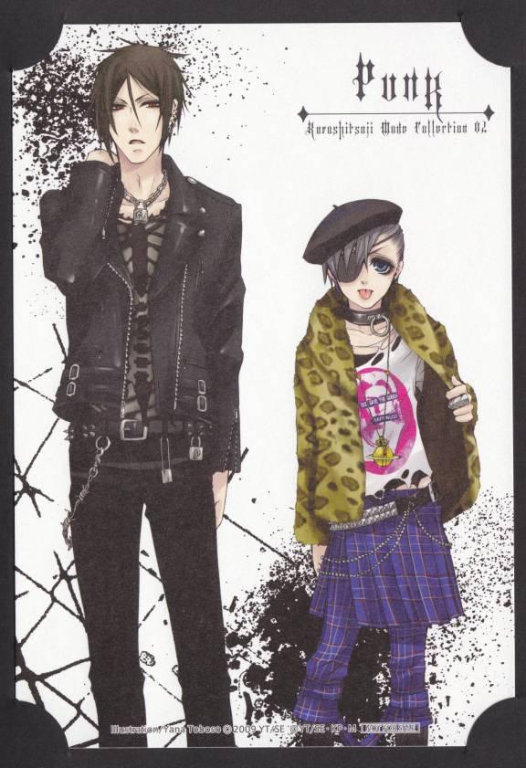 toboso yana, ciel phantomhive, sebastian michaelis, kuroshitsuji, official art, scan, 00s, 2boys, beret, black hair, blue eyes, eyepatch, hat, jacket, male focus, multiple boys, punk, red eyes, tongue, yana toboso