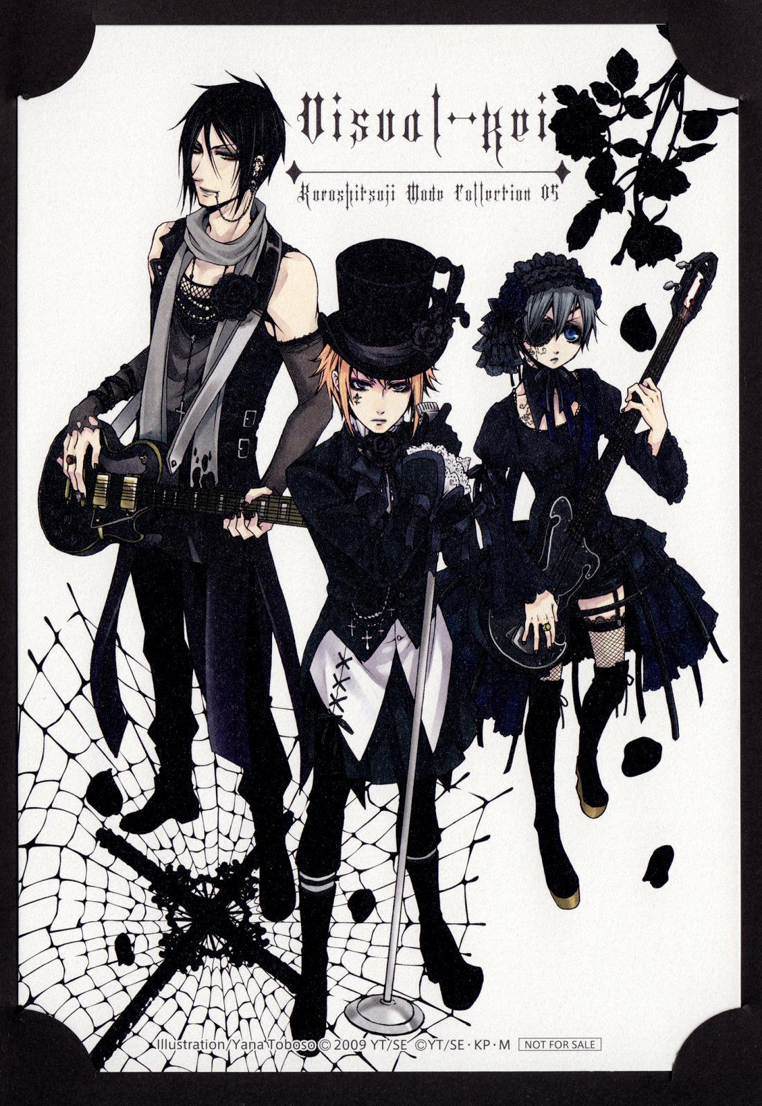 toboso yana, ciel phantomhive, drocell cains, drocell cainz, sebastian michaelis, kuroshitsuji, highres, official art, scan, 00s, 3boys, androgynous, black hair, blonde hair, blue eyes, boots, crossdressing, crossdressing (mtf), ear piercing, electric guitar, gothic lolita, guitar, hat, instrument, lolita fashion, male focus, microphone, multiple boys, piercing, puppet, red eyes, thighhighs, top hat, trap, visual kei, yana toboso