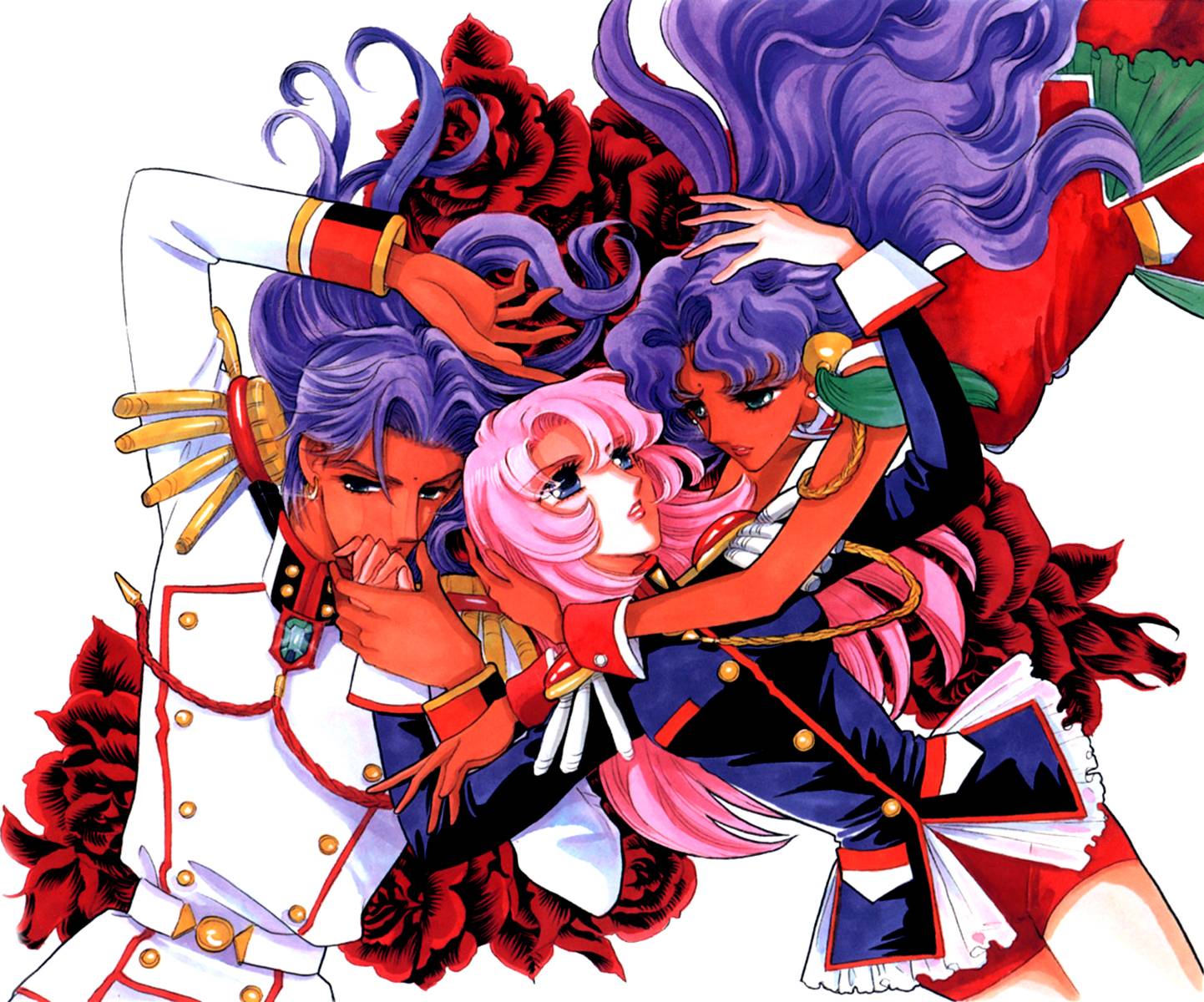 saitou chiho, himemiya anthy, tenjou utena, shoujo kakumei utena, highres, official art, scan, 1990s (style), 1boy, 2girls, aiguillette, flower, long hair, lying, multiple girls, retro artstyle, rose