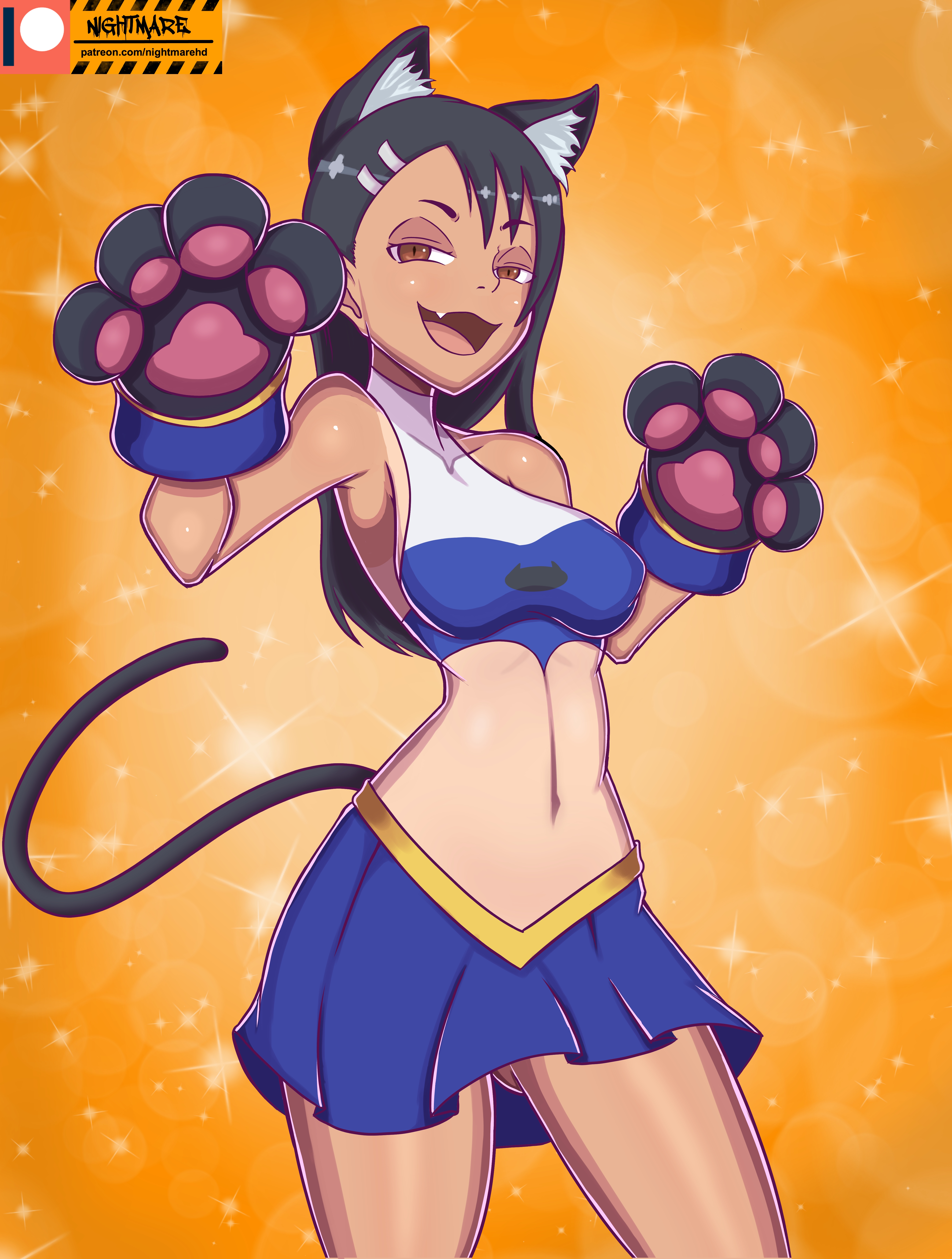 nightmare hdraw, nagatoro hayase, ijiranaide nagatoro-san, variant set, 1girl, animal ears, bare shoulders, black gloves, black hair, blue shirt, blue skirt, breasts, brown eyes, cat ears, cat girl, cat tail, covered collarbone, cropped shirt, fang, feet out of frame, female focus, gloves, half-closed eyes, kemonomimi mode, long hair, looking at viewer, medium breasts, naughty face, navel, open mouth, orange background, paw gloves, shirt, simple background, skirt, sleeveless, sleeveless shirt, smug, solo, standing, tail, tan, tanline, tongue, two-tone shirt, white shirt