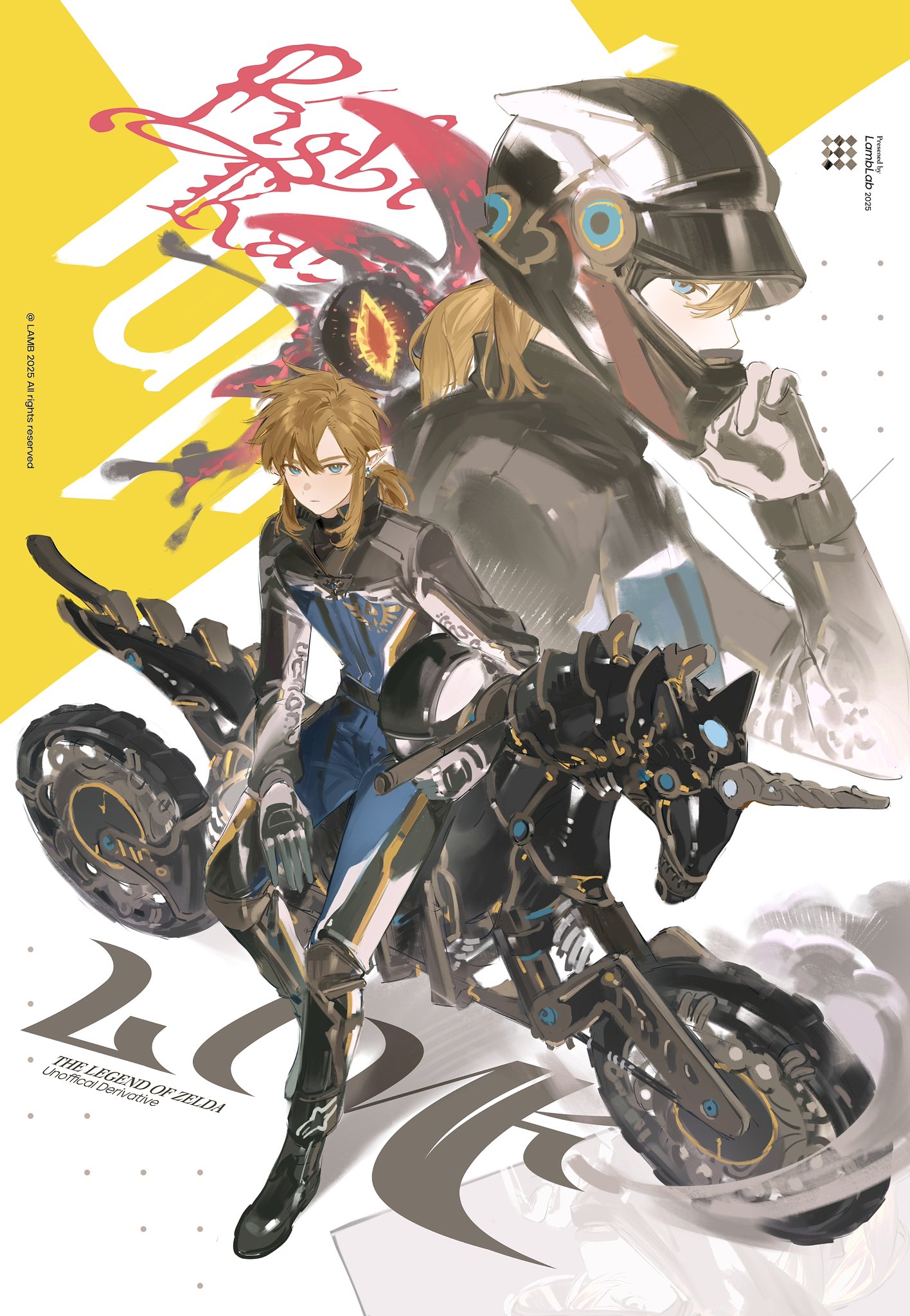 lamblab0824, link, nintendo, the legend of zelda, the legend of zelda: breath of the wild, commentary, highres, symbol-only commentary, 1boy, adjusting clothes, adjusting headwear, aqua eyes, black boots, black gloves, black jacket, black pants, blonde hair, blue jacket, blue pants, boots, copyright name, earrings, full body, gloves, hair between eyes, helmet, holding, holding unworn helmet, jacket, jewelry, low ponytail, male focus, medium hair, motor vehicle, motorcycle, motorcycle helmet, multicolored jacket, multiple views, on motorcycle, pants, pointy ears, ponytail, sidelocks, sitting, solo, two-tone jacket, two-tone pants, unworn headwear, unworn helmet, upper body