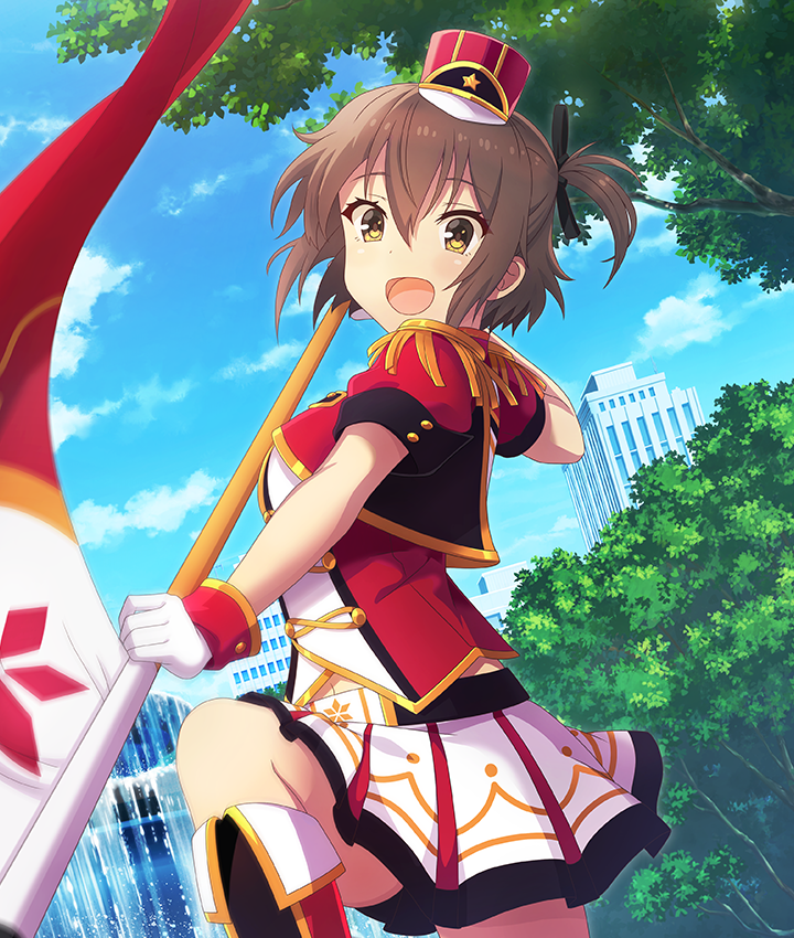 etou kanami, toji no miko, toji no miko: kizamishi issen no tomoshibi, game cg, official art, third-party source, 1girl, :d, black bow, blue sky, boots, bow, breasts, brown hair, building, cloud, cowboy shot, day, dot nose, dutch angle, epaulettes, flag, fountain, gloves, hair bow, hat, holding, holding flag, jacket, knee boots, looking at viewer, marching band, medium breasts, mini hat, mini shako cap, one side up, open mouth, outdoors, red boots, red hat, red jacket, shako cap, shirt, skirt, sky, smile, solo, standing, standing on one leg, tree, white gloves, white shirt, white skirt, yellow eyes