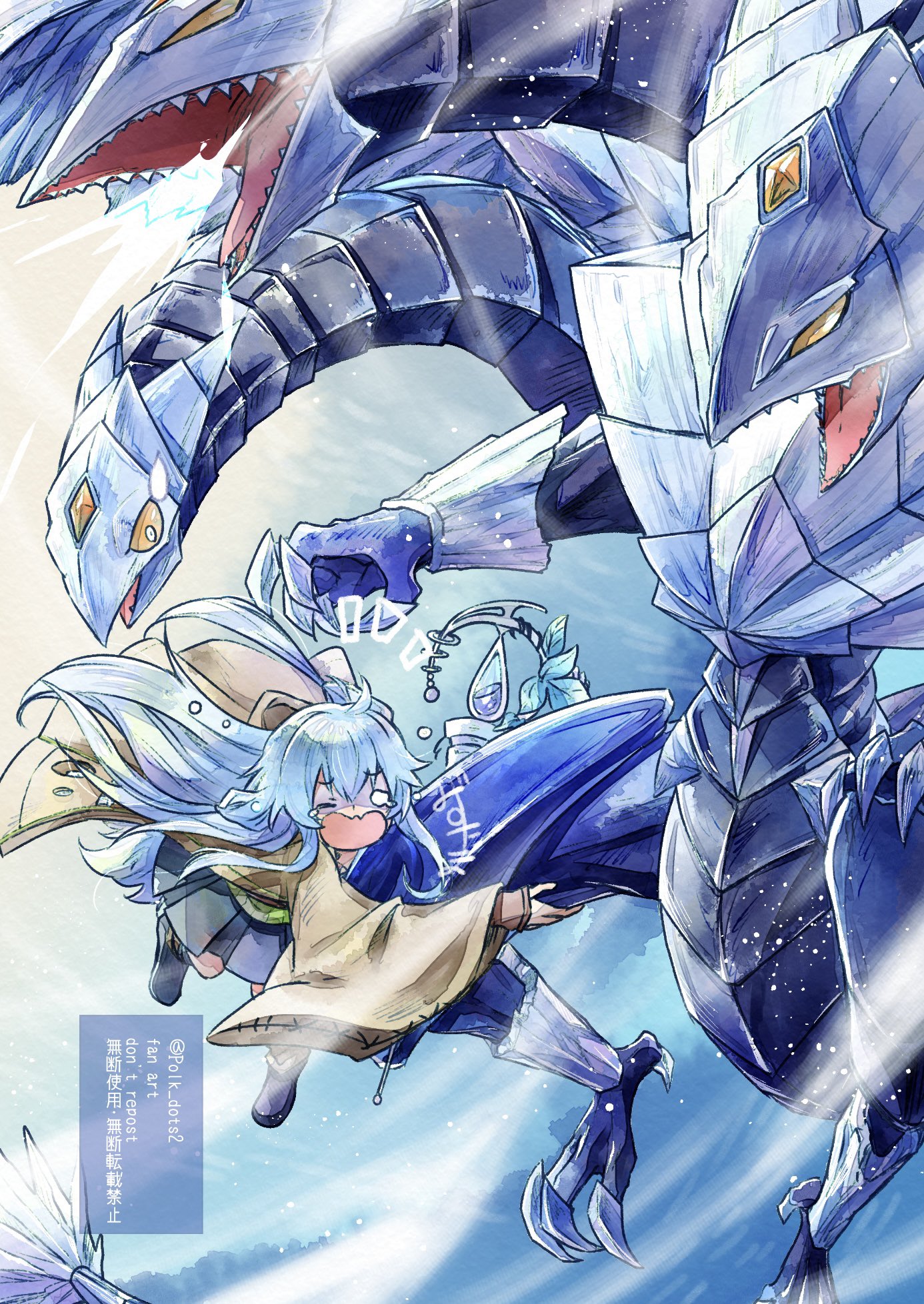 mizutama (mizutamalion), eria (yu-gi-oh!), eria the water charmer, trishula dragon of the ice barrier, yu-gi-oh!, commentary request, highres, tagme, 1girl, blue hair, dragon, duel monster, holding, holding staff, long hair, multiple heads, open mouth, robe, simple background, skirt, staff, twitter username, yellow eyes