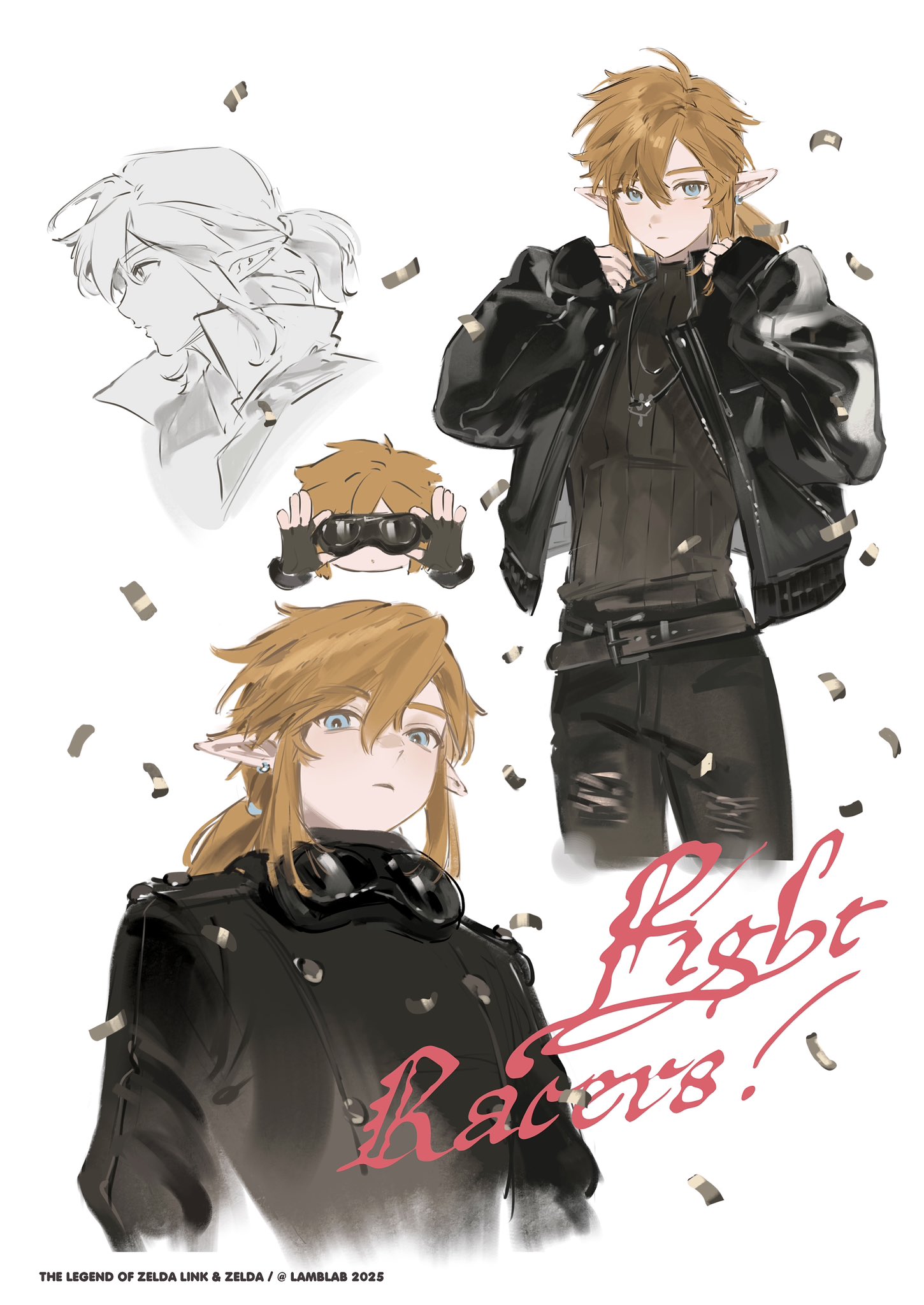 lamblab0824, link, nintendo, the legend of zelda, the legend of zelda: breath of the wild, commentary, highres, symbol-only commentary, 1boy, 2025, adjusting clothes, aqua eyes, belt, black belt, black gloves, black jacket, black pantyhose, black sweater, blonde hair, chibi, chibi inset, copyright name, cowboy shot, earrings, fingerless gloves, gloves, goggles, goggles around neck, hair between eyes, jacket, jewelry, leather, leather jacket, low ponytail, male focus, multiple views, pants, pantyhose, pointy ears, ponytail, sidelocks, solo, sweater, torn clothes, torn pants, turtleneck, turtleneck sweater, twitter username, upper body