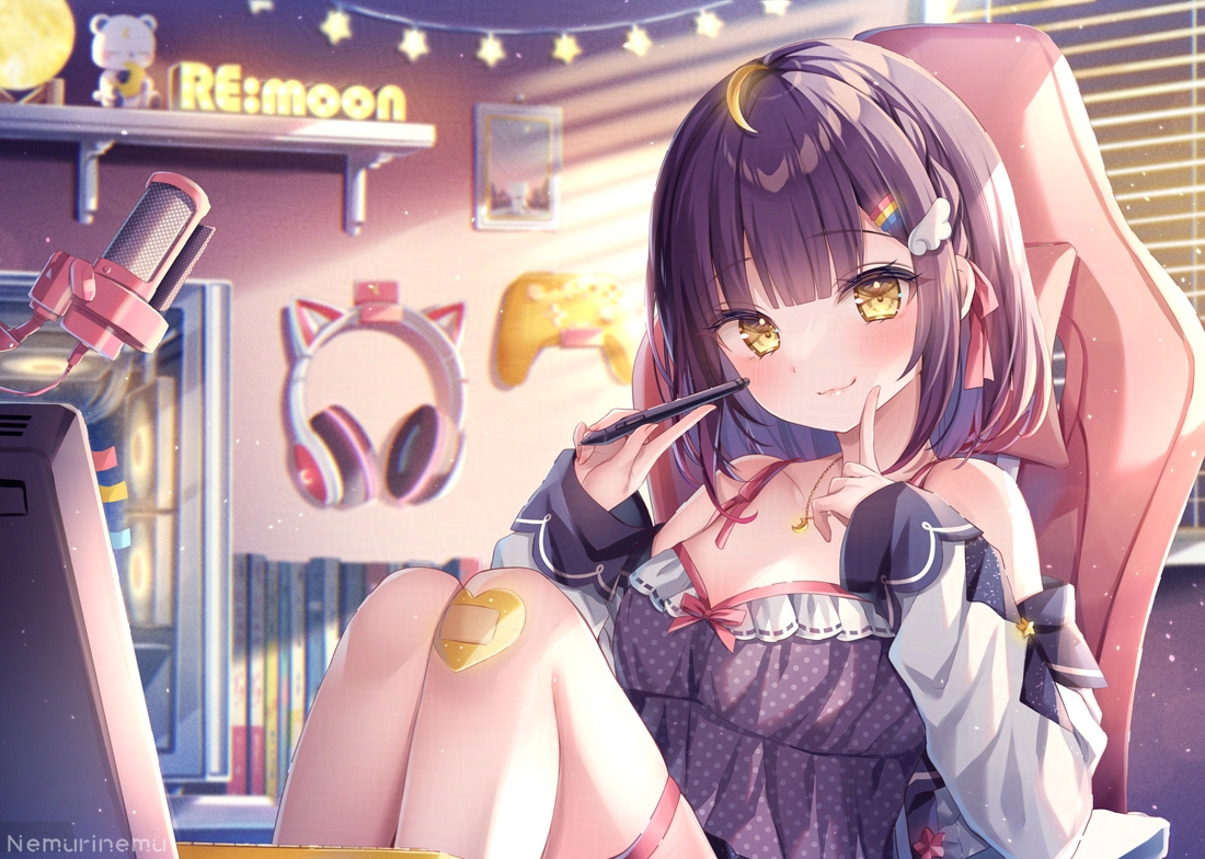 nemuri nemu, original, commentary request, 1girl, ahoge, animal ear headphones, animal ears, bare shoulders, black camisole, blonde hair, blush, breasts, brown eyes, brown hair, camisole, cleavage, closed mouth, collarbone, controller, fake animal ears, feet out of frame, finger to cheek, game controller, glowing, hair ornament, hairclip, hands up, headphones, headphones removed, holding, holding stylus, indoors, jacket, knees up, long sleeves, looking at viewer, medium breasts, monitor, night, off shoulder, open clothes, open jacket, polka dot camisole, puffy long sleeves, puffy sleeves, shelf, sky, smile, solo, star (symbol), stylus, thigh strap, white jacket, window blinds