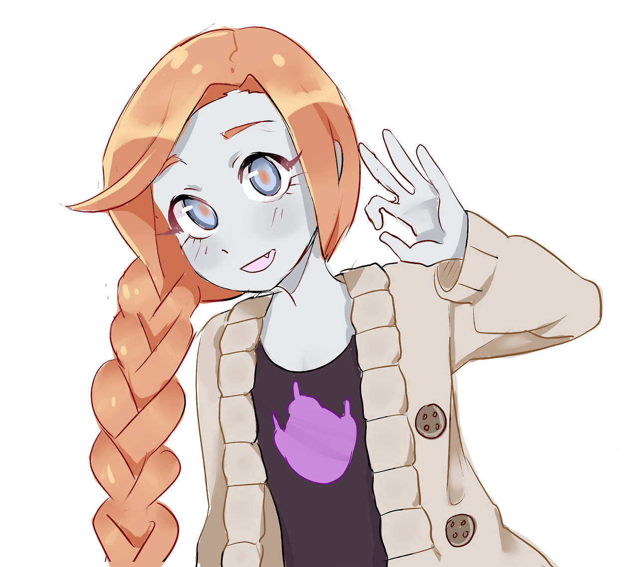 ryyy (ryartchus), zossie (pokemon), nintendo, pokemon, pokemon usum, commentary, english commentary, 1girl, alternate costume, black shirt, blue eyes, blue skin, blush, braid, brown jacket, casual, colored skin, eyelashes, fang, jacket, long hair, long sleeves, ok sign, open clothes, open jacket, open mouth, orange hair, orange pupils, shirt, simple background, single braid, smile, solo, ultra recon squad uniform, upper body, white background