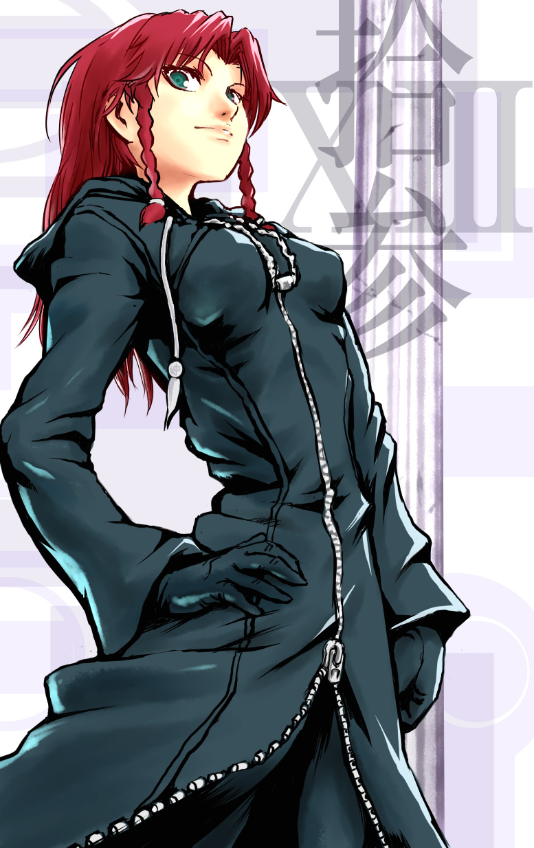 dokuromaru, sarekoubemaru, hong meiling, organization xiii, kingdom hearts, touhou, highres, 1girl, alternate costume, black coat (kingdom hearts), braid, female focus, from below, gloves, green eyes, hand on own hip, hip focus, hood, long hair, red hair, solo, twin braids, zipper