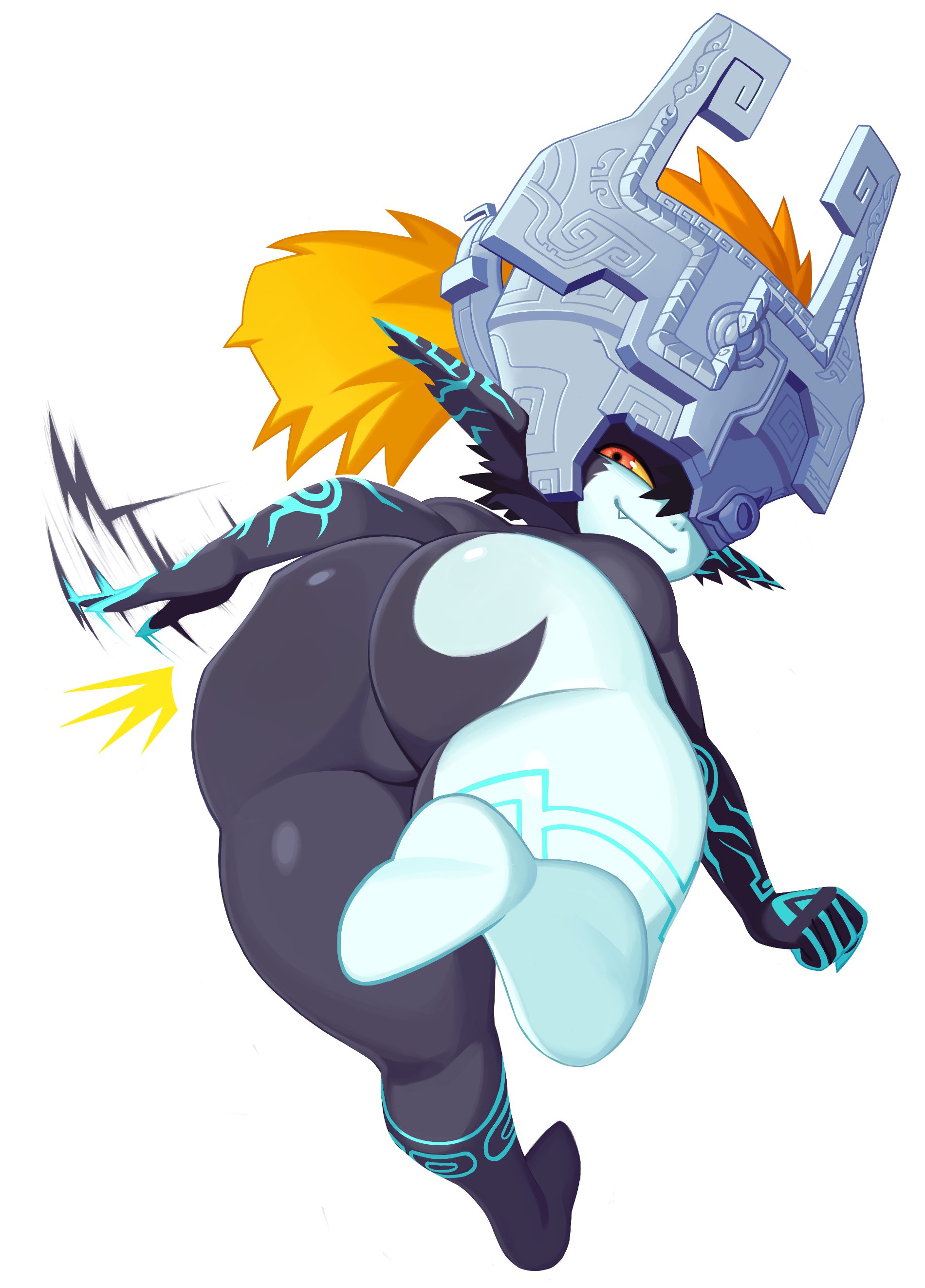 werfmight, midna, nintendo, the legend of zelda, the legend of zelda: twilight princess, absurdres, commentary, highres, 1girl, ass, black skin, body markings, closed mouth, colored skin, crown, earrings, fang, floating, green skin, huge ass, jewelry, long hair, looking at viewer, looking back, motion lines, one eye covered, orange hair, pointy ears, simple background, smile, smug, solo, spanking self, split-color skin, white background