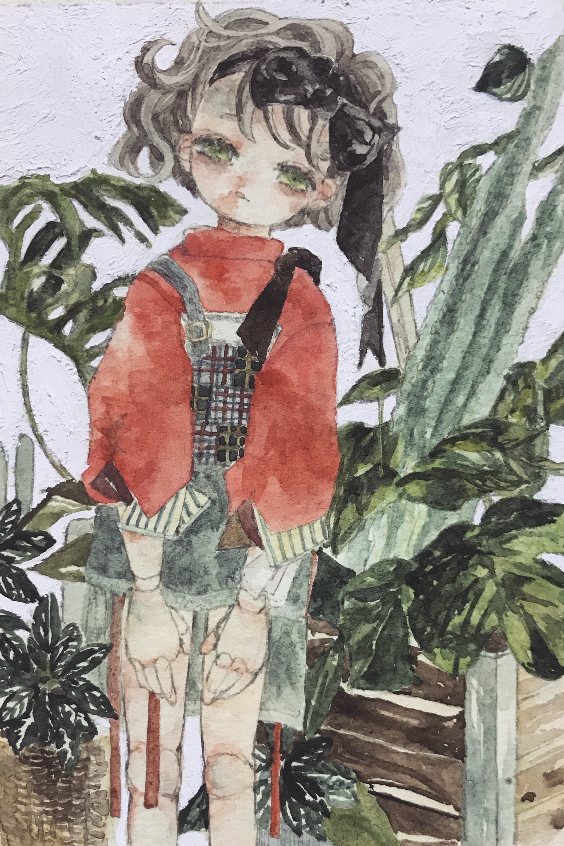 karintoun, original, absurdres, acrylic paint (medium), commentary request, highres, painting (medium), traditional media, watercolor (medium), 1girl, bare legs, blush, bow, brown hair, curly hair, expressionless, foliage, green eyes, grey hair, hair bow, hair ribbon, indoors, long sleeves, looking at viewer, overalls, plant, puppet, ribbon, short hair, simple background, standing, straight-on, swept bangs, upper body, wavy hair, white background