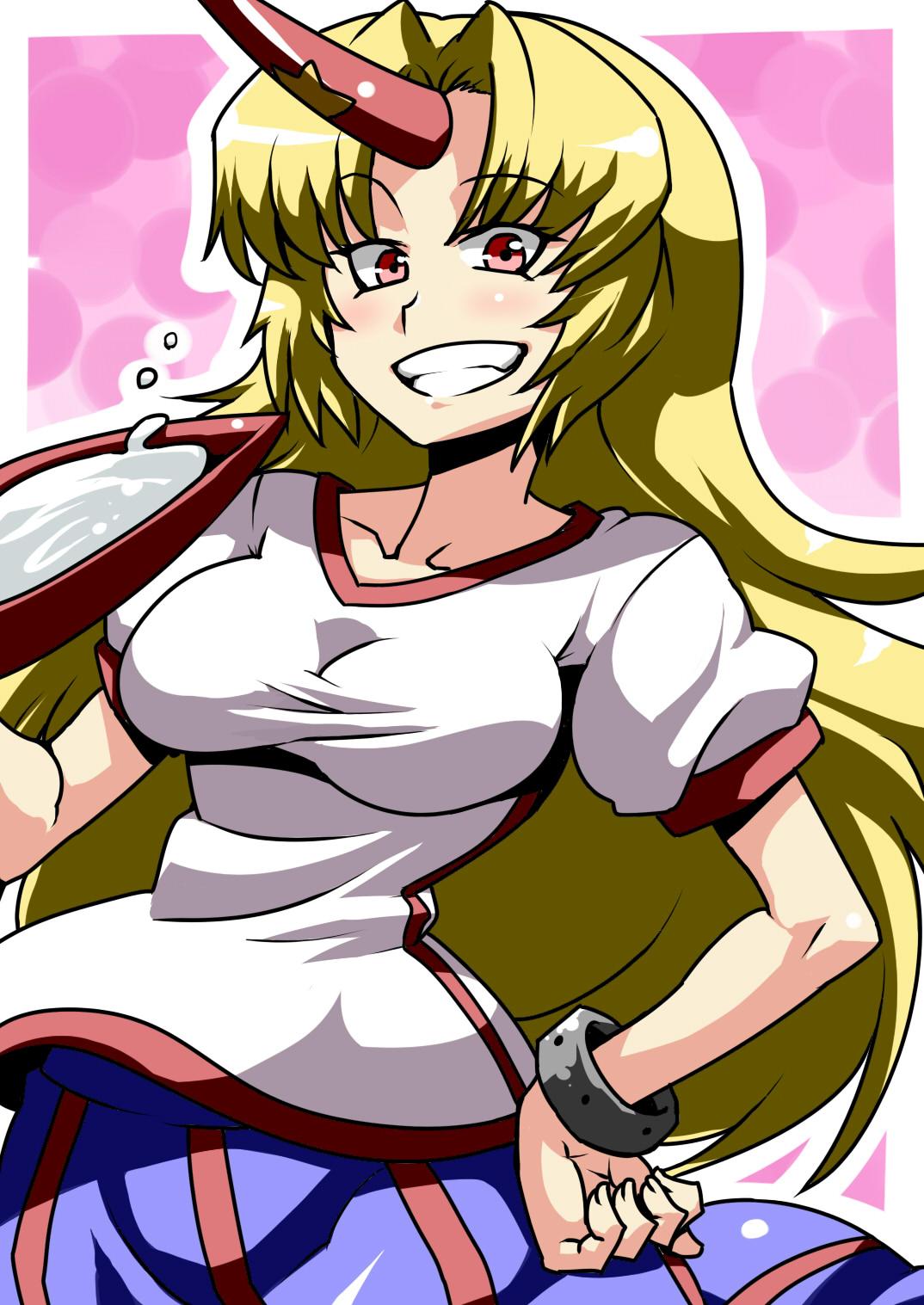 tukiwani, hoshiguma yuugi, touhou, highres, 1girl, alcohol, blonde hair, cup, female focus, grin, hand on own hip, hip focus, horns, long hair, red eyes, sakazuki, sake, single horn, smile, solo