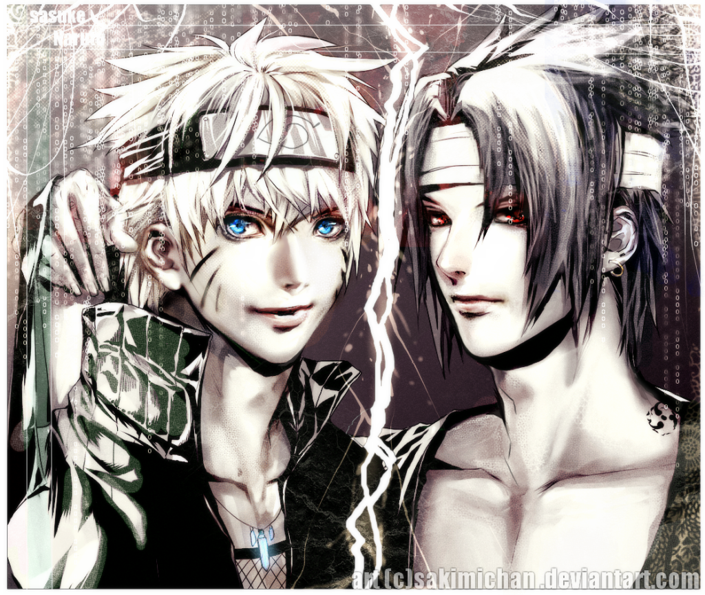 sakimichan, uchiha sasuke, uzumaki naruto, naruto (classic), naruto (series), 2boys, bandages, blue eyes, collarbone, earrings, facial mark, fingernails, fishnet top, fishnets, hair between eyes, hand up, headband, jewelry, konohagakure symbol, light smile, lips, looking at viewer, male focus, multiple boys, necklace, open clothes, open shirt, red eyes, sharingan, short hair, smile, tattoo, upper body