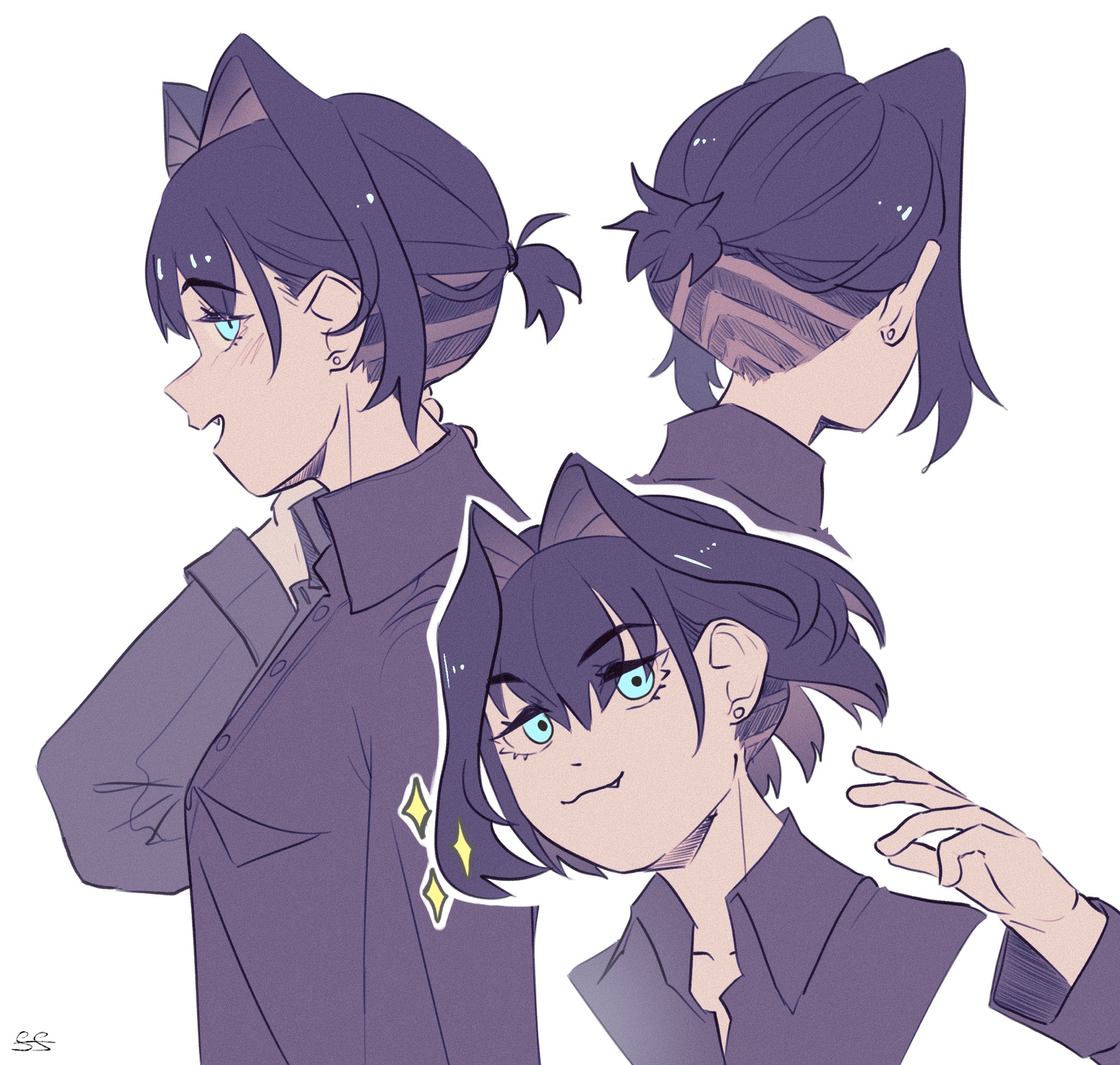 sheepinsleepin, ouro kronii, hololive, hololive english, commentary, highres, 1girl, :3, alternate hairstyle, aqua eyes, blue hair, blue shirt, closed mouth, collared shirt, earrings, eyelashes, fang, from behind, from side, hair intakes, jewelry, long sleeves, multiple views, open mouth, outline, ponytail, shirt, short hair, short ponytail, simple background, smile, sparkle, undercut, upper body, virtual youtuber, white background, white outline