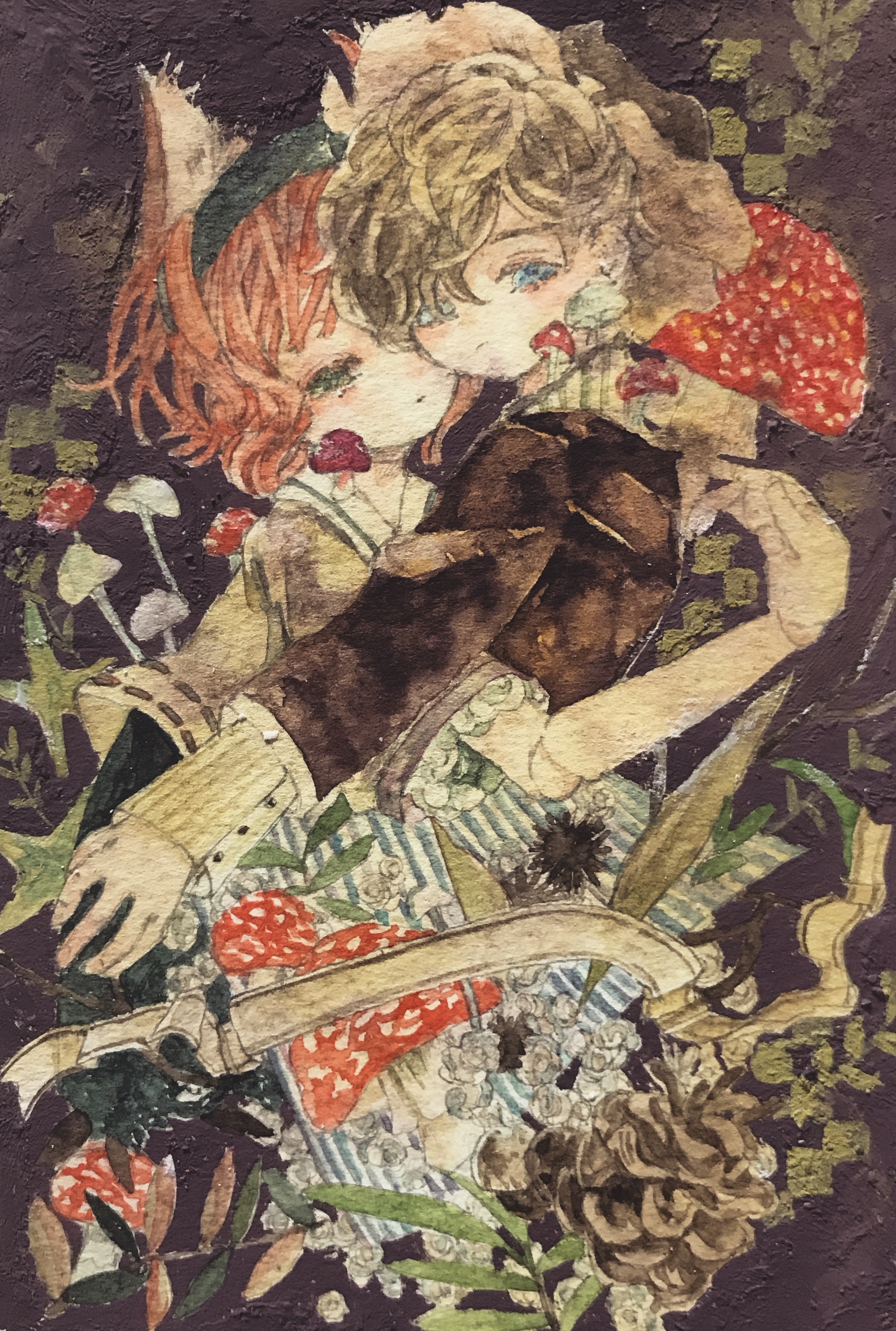 karintoun, original, absurdres, acrylic paint (medium), commentary request, highres, painting (medium), traditional media, watercolor (medium), 2girls, animal ears, blue eyes, brown hair, close-up, closed mouth, fox ears, from side, hat, long sleeves, looking at viewer, medium hair, multiple girls, mushroom, plant, red hair, ribbon, short hair, skirt, striped clothes, striped skirt