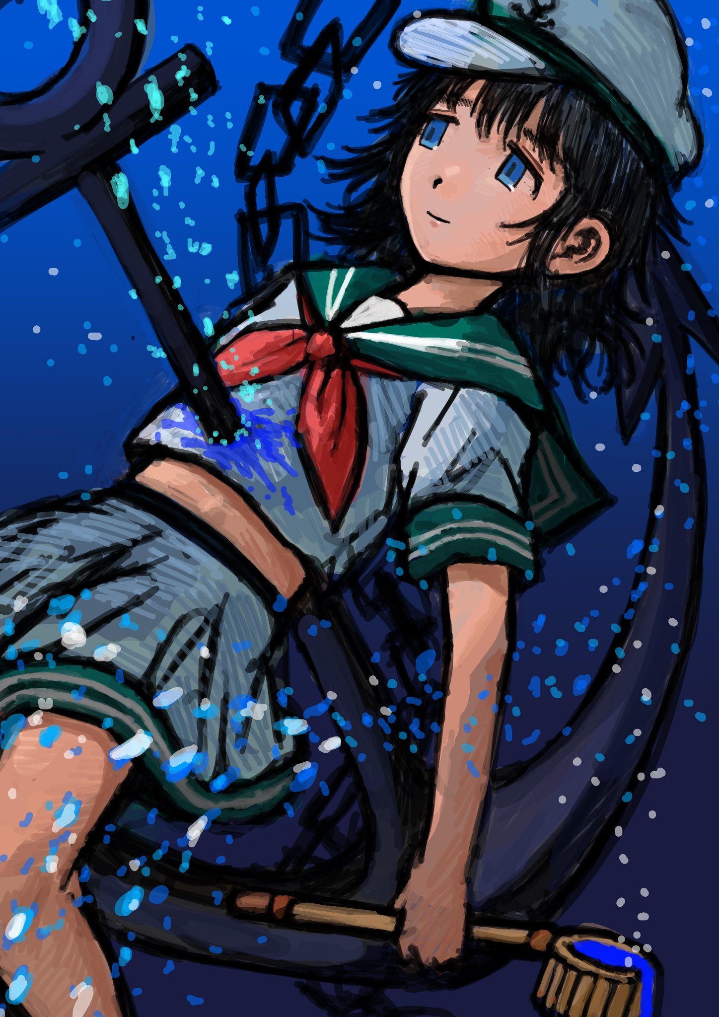 dade ne, murasa minamitsu, touhou, commentary request, highres, 1girl, air bubble, black hair, blue eyes, bubble, chain, green sailor collar, hat, holding, holding ladle, impaled, ladle, looking up, one-hour drawing challenge, sailor collar, sailor hat, short sleeves, solo, underwater