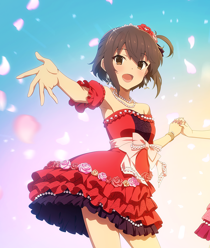 asakura mihono, etou kanami, toji no miko, toji no miko: kizamishi issen no tomoshibi, game cg, official art, third-party source, 2girls, :d, armpits, bare shoulders, blue background, blush, breasts, brown eyes, brown hair, cowboy shot, detached sleeves, dot nose, dress, earrings, falling petals, floating earrings, flower, gradient background, hair flower, hair ornament, holding hands, jewelry, looking at viewer, multiple girls, necklace, one side up, open mouth, outstretched arm, pearl necklace, petals, pink flower, pink petals, pink rose, purple background, reaching, reaching towards viewer, red dress, red flower, red rose, rose, short sleeves, sidelocks, small breasts, smile, solo focus, strapless, strapless dress, string of pearls, yellow background, yellow flower, yellow rose