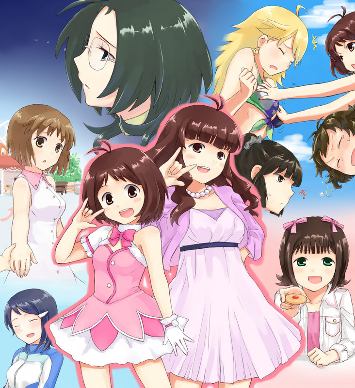 himetsuba, akizuki ryo, amami haruka, ganaha hibiki, hagiwara yukiho, hidaka ai, hidaka mai, hoshii miki, mizutani eri, okamoto manami, idolmaster, idolmaster (classic), idolmaster dearly stars, 00s, 1boy, 6+girls, ?, age difference, ahoge, antenna hair, bare shoulders, bikini, black hair, blonde hair, blue eyes, blue hair, blush, breasts, brown eyes, brown hair, closed eyes, cute & girly (idolmaster), glasses, gloves, gradient background, green eyes, green hair, hair ornament, hair ribbon, hairclip, jewelry, long hair, m/, medium breasts, mother and daughter, multiple girls, necklace, open mouth, outdoors, ponytail, red eyes, ribbon, short hair, skirt, sky, small breasts, smile, swimsuit, tears