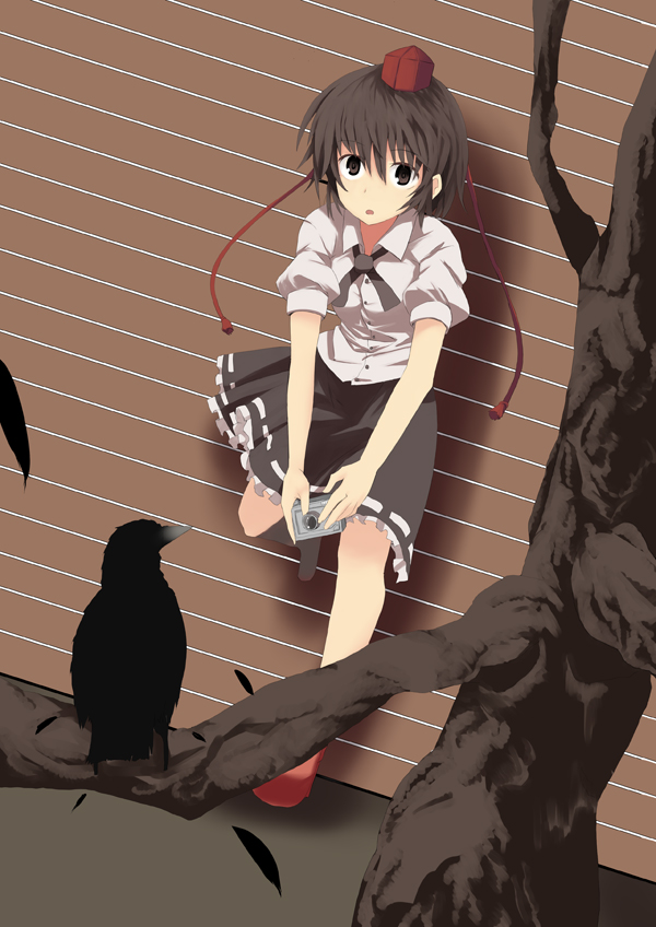 mieharu, shameimaru aya, touhou, wall, 1girl, bird, black eyes, black hair, bow, bowtie, brown hair, camera, crow, dutch angle, feathers, female focus, geta, hat, leaning back, looking at viewer, running, shadow, shoes, short hair, skirt, solo, standing, standing on one leg, tengu-geta, tokin hat, tree, v arms