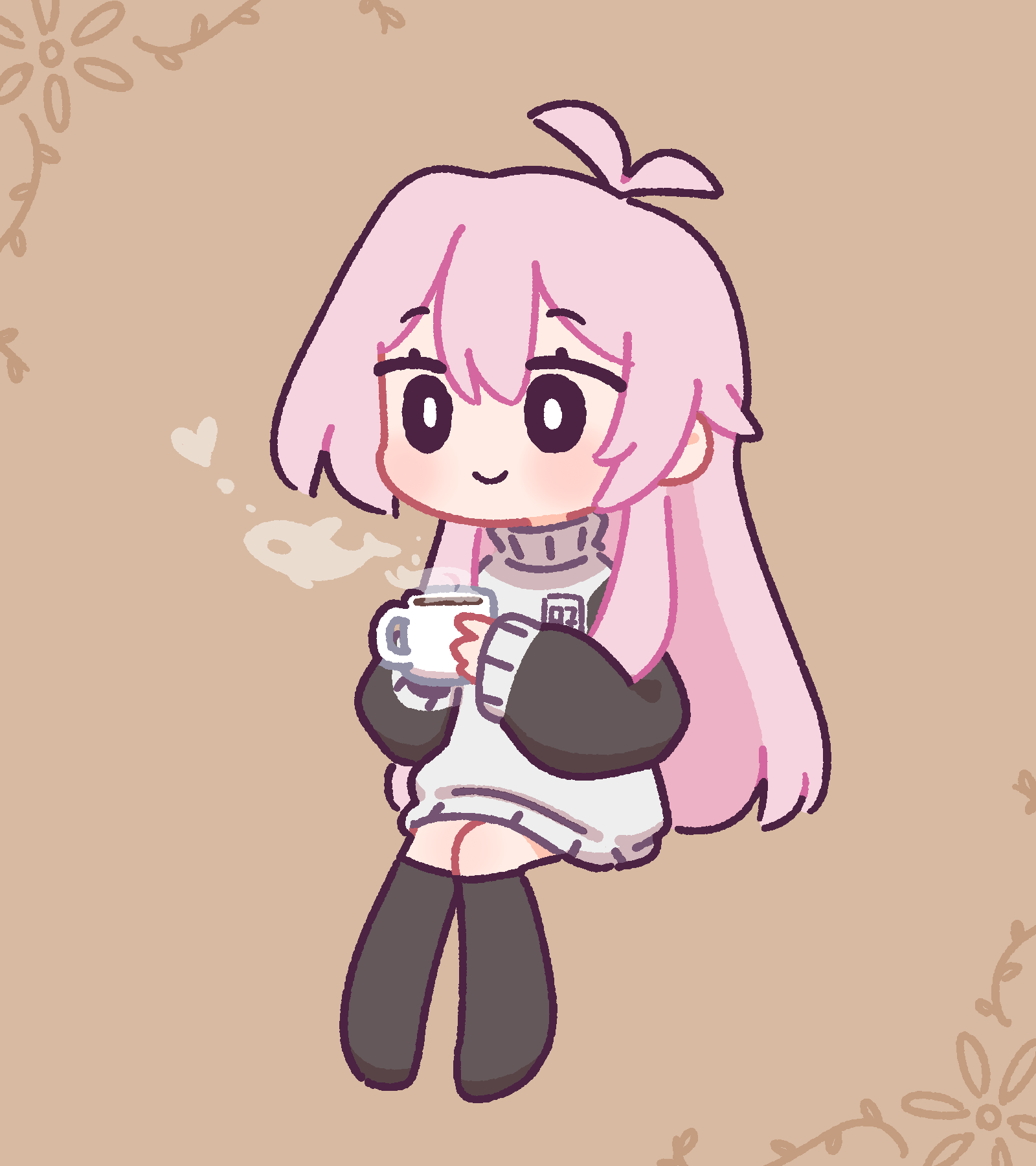 bloodymoonia, mumble (shachimu), indie virtual youtuber, commentary, english commentary, highres, 1girl, baggy clothes, coffee, coffee mug, cup, drink, holding, holding cup, mug, oversized sweater, pink hair, round collar, rounded collar, sleeve slit, steam, sweater, sweater under dress, turtleneck, turtleneck sweater, two-tone sweater