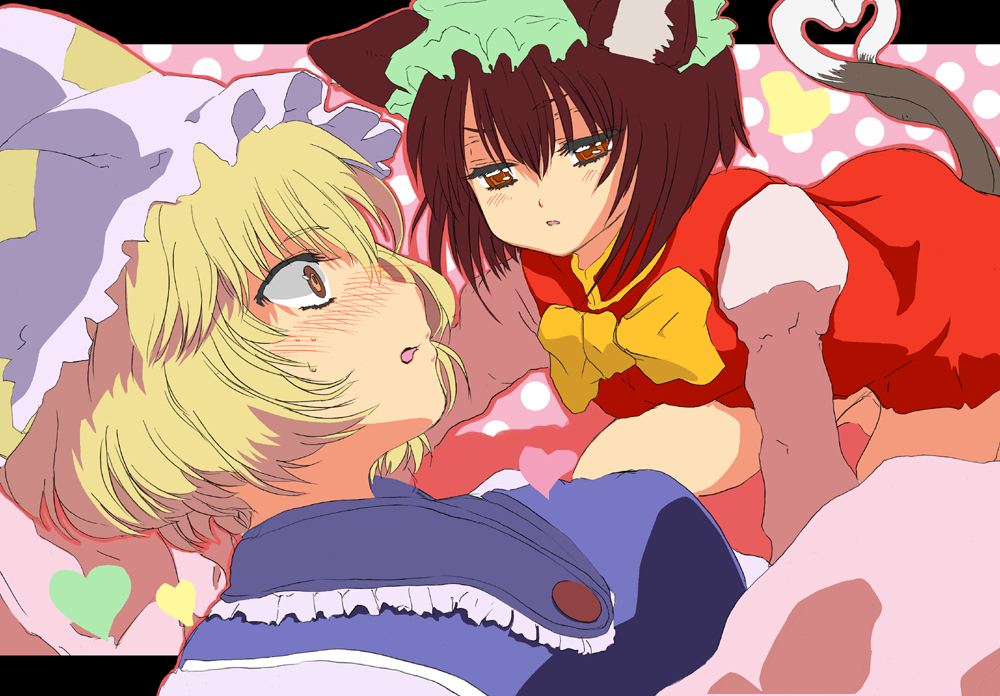 god higuma, chen, yakumo ran, touhou, 2girls, animal ears, blonde hair, blush, brown hair, cat ears, cat girl, cat tail, dress, female focus, hat, heart, heart tail, imminent kiss, multiple girls, multiple tails, polka dot, red eyes, short hair, tail, yellow eyes