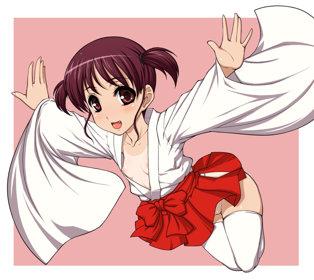 masa yuki, yukimasa (nkk145), usuzumi hatsumi, saki (manga), bad id, bad pixiv id, 00s, 1girl, adapted uniform, blush, brown eyes, clothes lift, fang, female focus, flat chest, hakama, hakama short skirt, hakama skirt, japanese clothes, kimono, kimono lift, loli, miko, nipples, no bra, no panties, one-piece tan, open clothes, open kimono, outstretched arms, pink eyes, pussy, pussy peek, short hair, short twintails, simple background, skirt, smile, solo, spread arms, tan, tanline, thighhighs, twintails