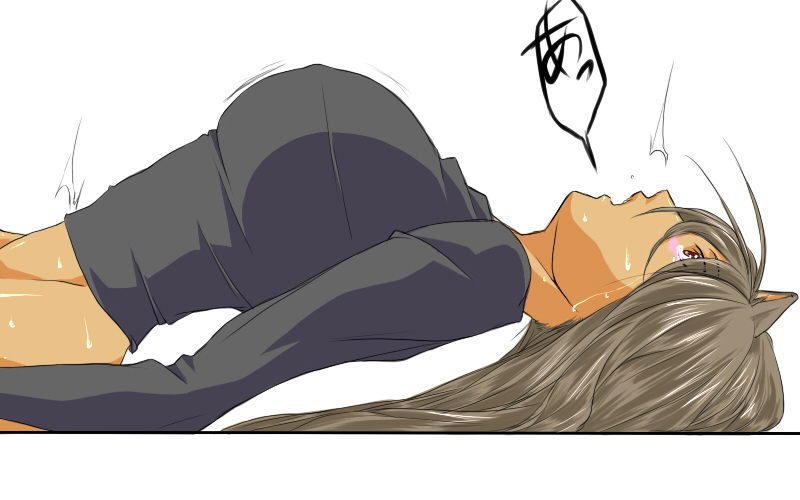 ksaiki, original, bad id, bad pixiv id, commentary, 1girl, animal ears, arched back, blush, bottomless, breasts, brown eyes, cat ears, covered erect nipples, dark-skinned female, dark skin, female focus, grey hair, large breasts, long hair, out-of-frame censoring, solo, sweat