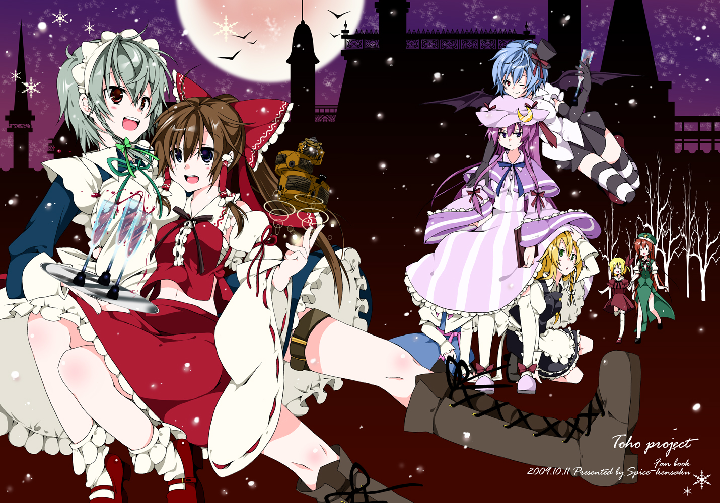 riku yama, alice margatroid, flandre scarlet, hakurei reimu, hong meiling, izayoi sakuya, kirisame marisa, patchouli knowledge, remilia scarlet, silent sinner in blue, touhou, touhou bougetsushou, silver hair, striped legwear, bad id, bad pixiv id, 00s, 2009, 6+girls, alternate costume, bat (animal), bat wings, blonde hair, blue eyes, blue hair, bow, braid, brown hair, china dress, chinese clothes, cup, detached sleeves, dress, drinking glass, female focus, hairband, hat, hiding, japanese clothes, long hair, maid, miko, moon, multiple girls, purple eyes, purple hair, red eyes, red hair, ribbon, short hair, snowflakes, striped clothes, striped thighhighs, thigh strap, thighhighs, twin braids, wine glass, wings