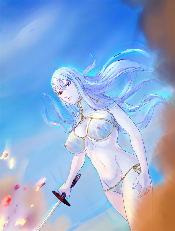 kobun (artist), selvaria bles, senjou no valkyria (series), senjou no valkyria 1, silver hair, 00s, covered erect nipples, long hair, pale skin, red eyes, see-through clothes, sky, sweat, swimsuit, sword, weapon