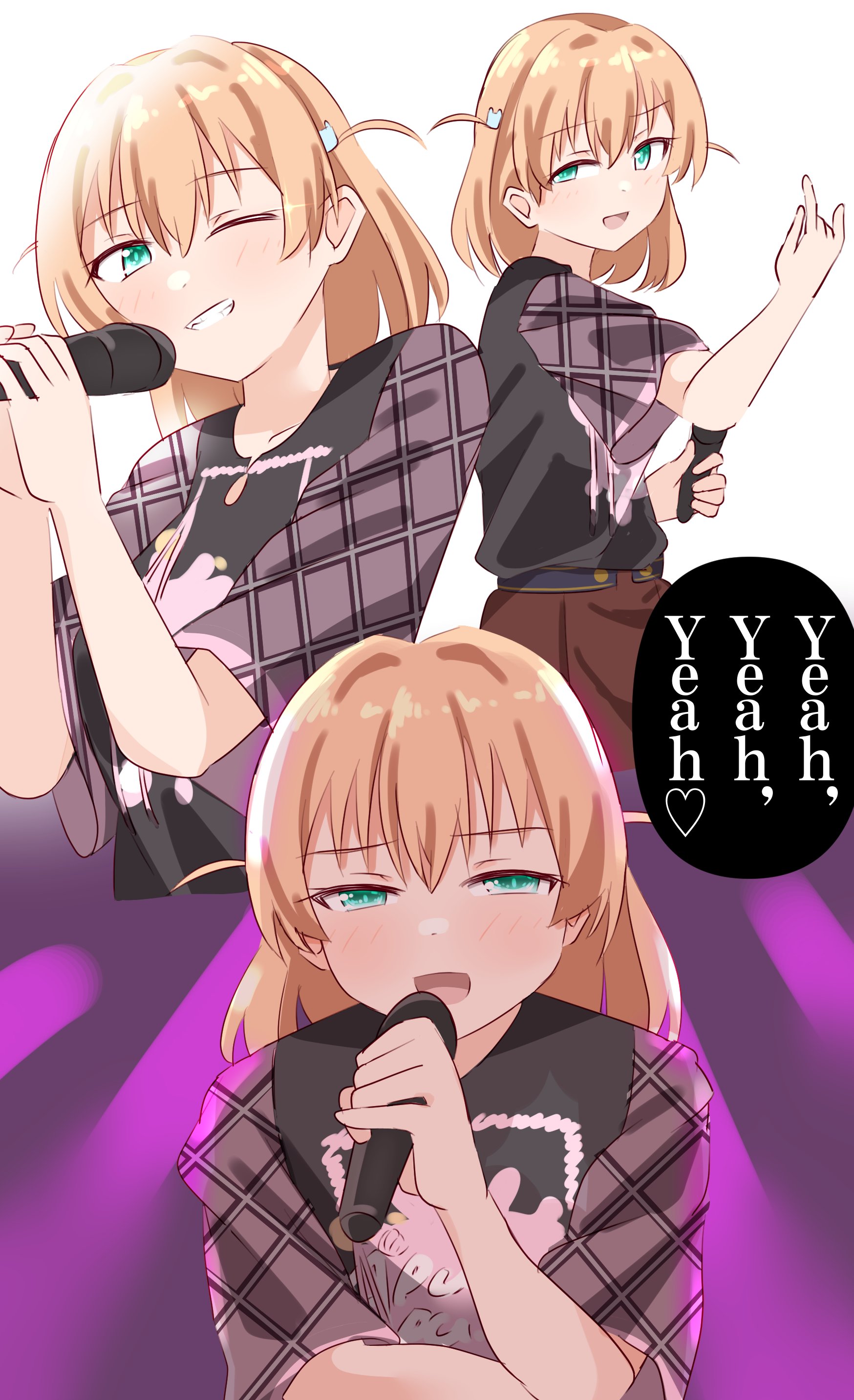 lamchan, hinoshita kaho, nirei nozomi, link! like! love live!, love live!, absurdres, commentary request, highres, 1girl, 5th live tour ~4pair power spread!!!!~, :d, ;d, aqua eyes, black shirt, brown skirt, grin, hair ornament, half-closed eyes, hasu no sora school uniform, heart, holding, holding microphone, looking at viewer, medium hair, microphone, multiple views, new black (love live!), one eye closed, open mouth, orange hair, plaid clothes, plaid sleeves, pleated skirt, purple background, rabbit hair ornament, school uniform, shirt, short sleeves, skirt, smile, spoken heart, two side up, uneven eyes, virtual youtuber, voice actor connection