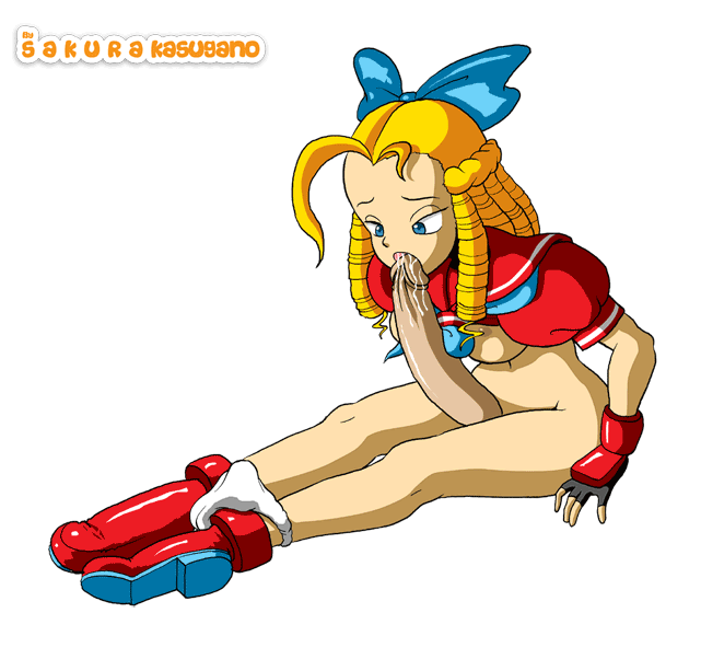 kanzuki karin, street fighter, animated, animated gif, autofellatio, blonde hair, blue eyes, fellatio, futanari, oral, solo
