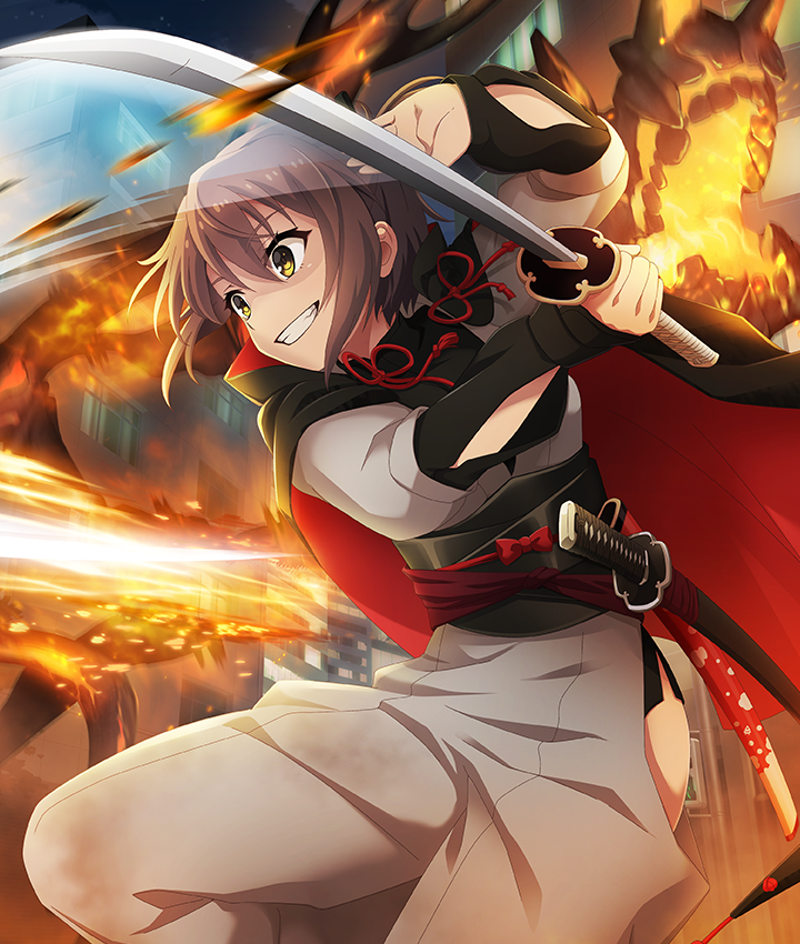 aradama (toji no miko), etou kanami, toji no miko, toji no miko: kizamishi issen no tomoshibi, game cg, official art, third-party source, 1girl, attack, battle, black cape, black sash, bow, breasts, brown hair, building, cape, city, clothing cutout, grey kimono, grey pants, grin, hip vent, holding, holding sword, holding weapon, japanese clothes, katana, kimono, night, obi, outdoors, pants, red bow, red cape, sash, sheath, sheathed, short hair, side slit, sleeve slit, small breasts, smile, solo, swinging weapon, sword, two-sided cape, two-sided fabric, weapon, yellow eyes