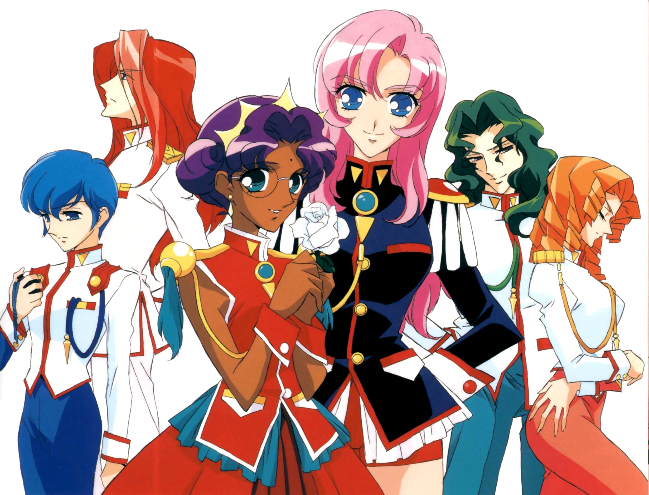 hasegawa shin'ya, arisugawa juri, himemiya anthy, kaoru miki, kiryuu touga, saionji kyouichi, tenjou utena, shoujo kakumei utena, highres, official art, scan, 1990s (style), 3boys, 3girls, aiguillette, bishounen, blue eyes, blue hair, epaulettes, flower, glasses, green hair, long hair, multiple boys, multiple girls, pink hair, purple hair, red hair, retro artstyle, rose, white flower, white rose