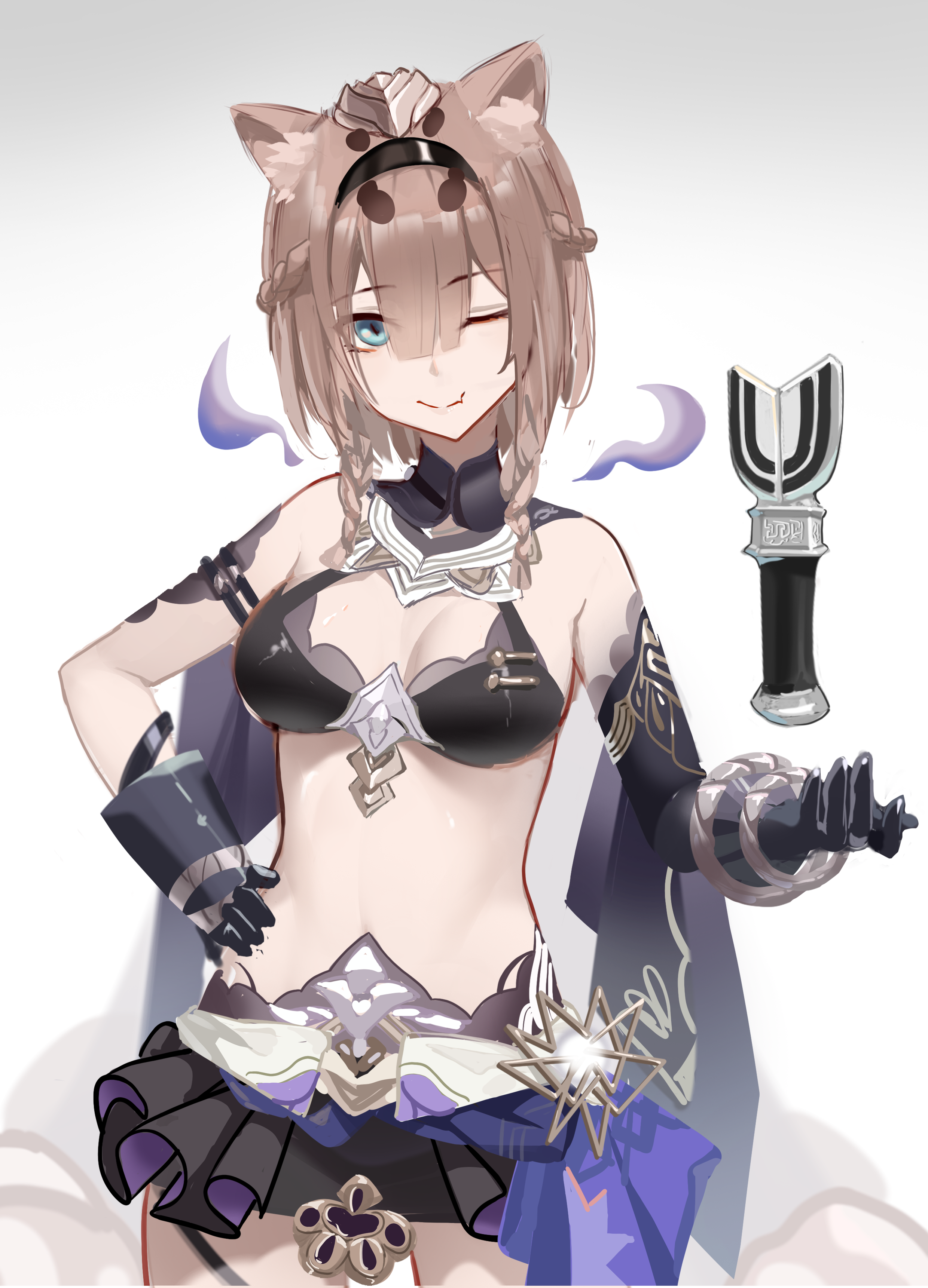 bu zhengjing de xiao xingxing, pardofelis, pardofelis (reverist calico), honkai (series), honkai impact 3rd, absurdres, chinese commentary, commentary request, highres, 1girl, ;), animal ear fluff, animal ears, bikini, black bikini, black gloves, black shorts, blunt bangs, breasts, brown hair, cat ears, cat girl, cleavage, gloves, green eyes, looking at viewer, medium breasts, one eye closed, short hair, shorts, simple background, smile, solo, stomach, swimsuit