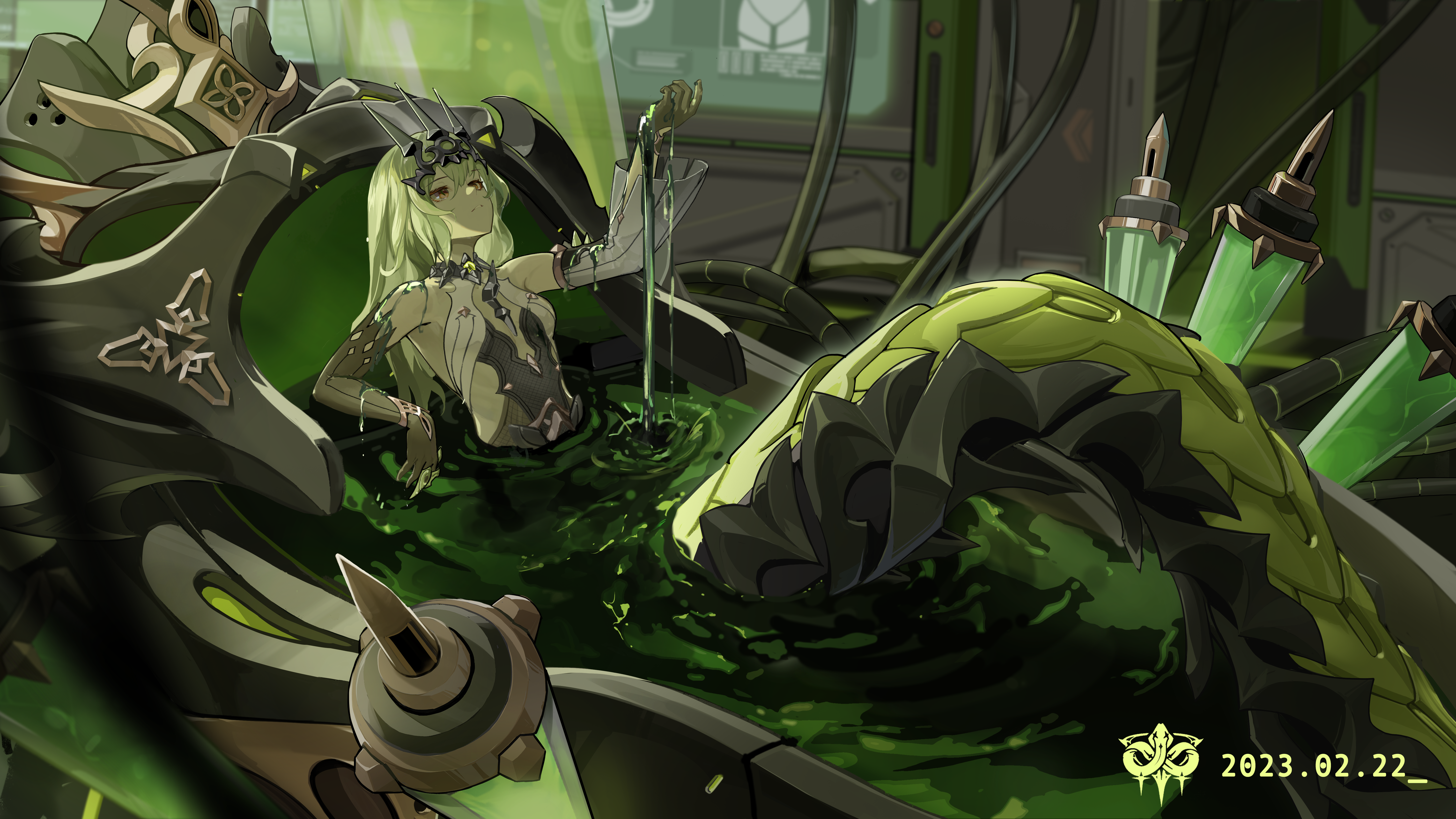 bu zhengjing de xiao xingxing, mobius (honkai impact), honkai (series), honkai impact 3rd, absurdres, chinese commentary, commentary request, highres, 1girl, 2023, arm up, asymmetrical gloves, bare shoulders, bathing, bathtub, black collar, black dress, black gloves, breasts, brown eyes, collar, dated, detached sleeves, dress, elbow gloves, elbow on table, gloves, green hair, green water, hair between eyes, laboratory, lamia, liquid, long hair, looking up, monster girl, parted lips, partially submerged, sideless dress, single detached sleeve, slit pupils, small breasts, snake tail, solo, tail, white sleeves