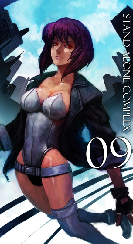 lack, kusanagi motoko, ghost in the shell, 1girl, belt, belt skirt, breasts, cleavage, female focus, fingerless gloves, gloves, jacket, large breasts, leotard, outdoors, purple hair, red eyes, sky, solo, thighhighs