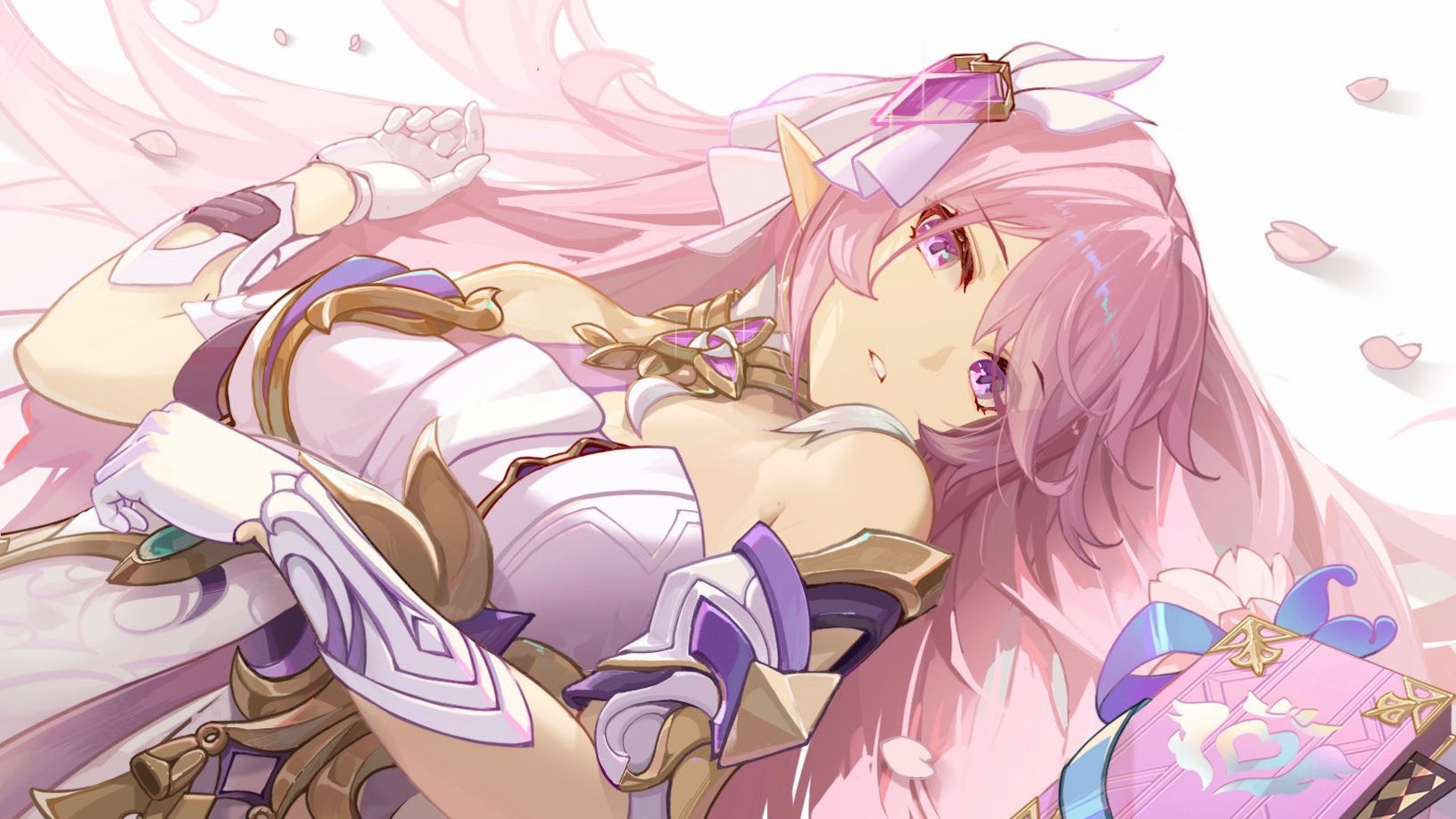 bu zhengjing de xiao xingxing, elysia (herrscher of human: ego) (honkai impact), elysia (honkai impact), honkai (series), honkai impact 3rd, highres, 1girl, arm armor, bare shoulders, book, breasts, detached sleeves, dress, gold choker, gold trim, hair ornament, hair spread out, long hair, looking at viewer, lying, medium breasts, petals, pink eyes, pink hair, pointy ears, rose petals, sidelocks, single strap, solo, upper body, very long hair, white dress