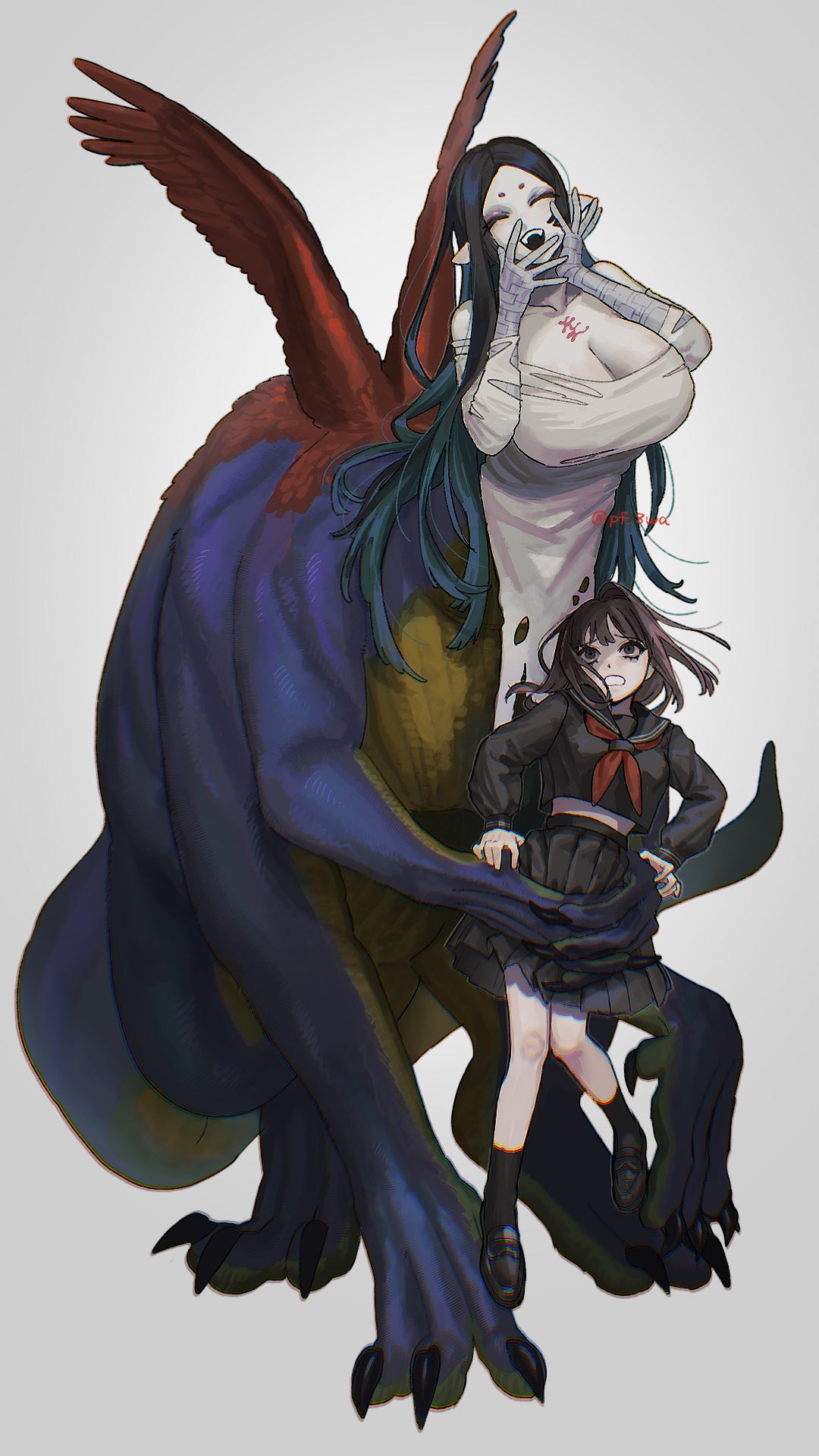 hnnstkn001, original, commentary request, highres, 2girls, black eyes, black hair, breasts, cleavage, closed eyes, extra arms, fangs, huge breasts, laughing, lifting person, long hair, monster girl, multiple girls, open mouth, pointy ears, scared, school uniform, shoes, simple background, size difference, skirt, taur, torn clothes, white background, wings, yuri