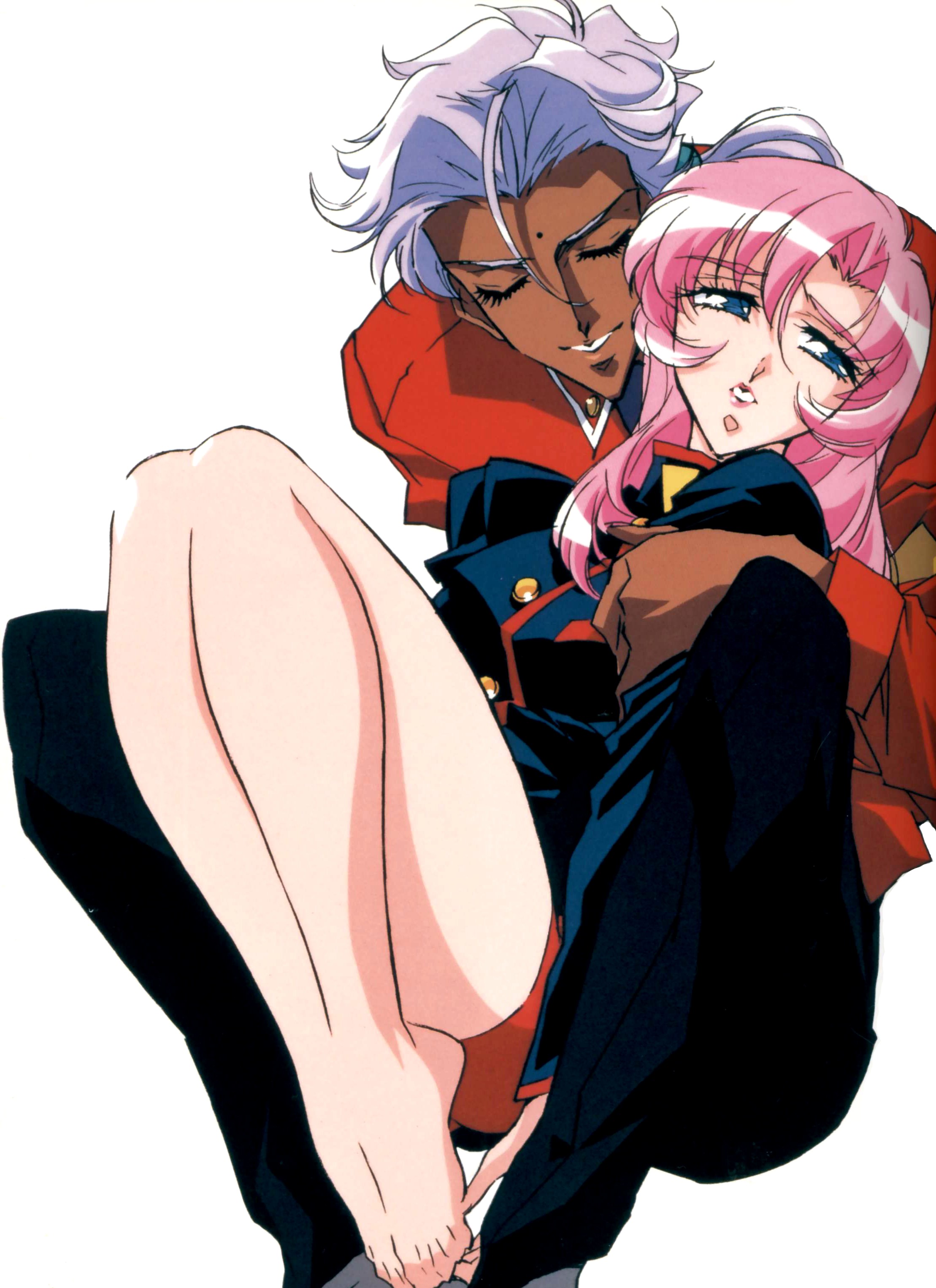 ootori akio, tenjou utena, shoujo kakumei utena, absurdres, highres, official art, scan, 1990s (style), 1boy, 1girl, barefoot, dark-skinned male, dark skin, feet, holding, lips, pink hair, retro artstyle, white background