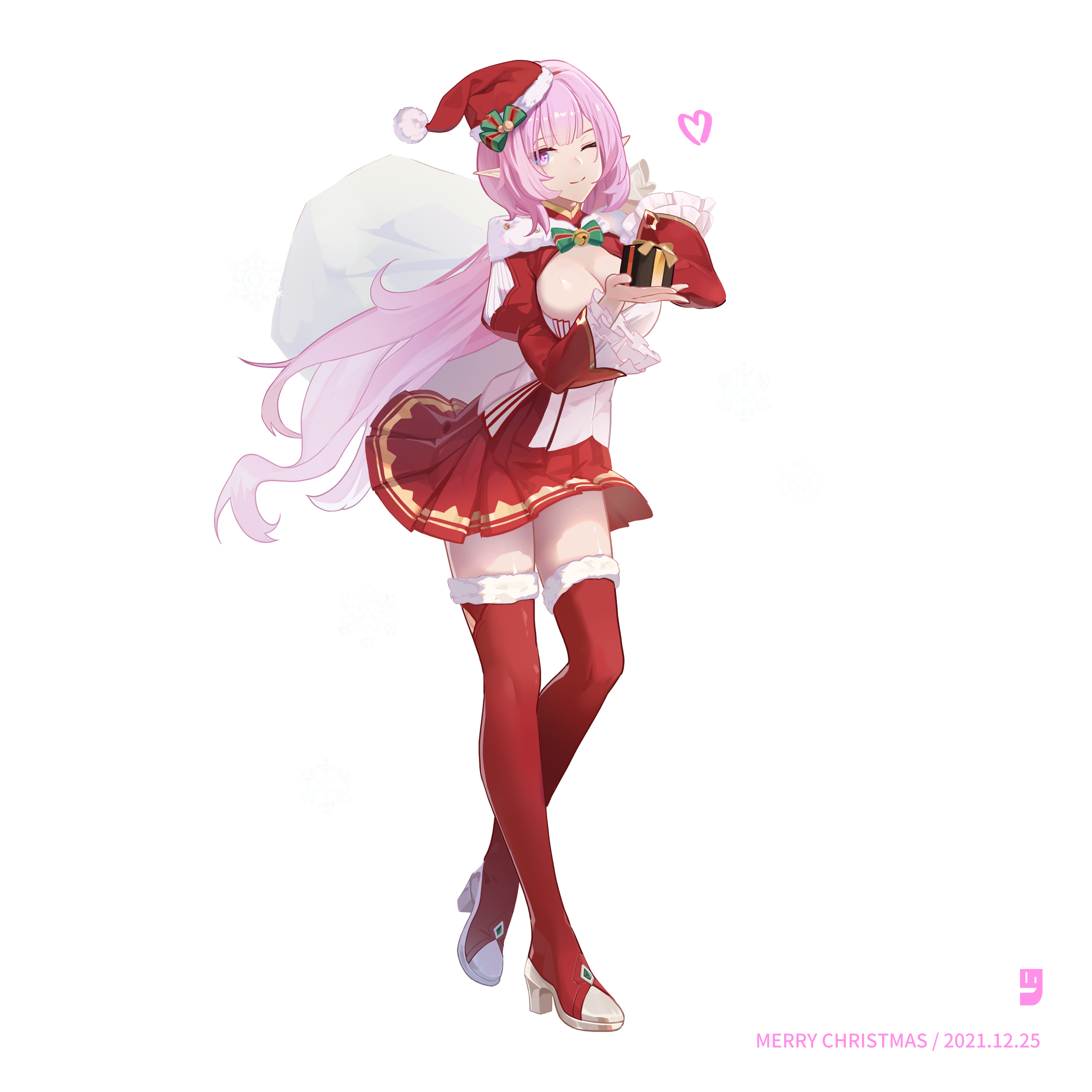 bu zhengjing de xiao xingxing, elysia (honkai impact), elysia (miss pink elf) (honkai impact), elysia (xmas cottage) (honkai impact), honkai (series), honkai impact 3rd, absurdres, commentary request, highres, 1girl, boots, bow, bowtie, breasts, christmas, cleavage, closed mouth, dress, full body, gift, green bow, green bowtie, hat, heart, holding, long hair, long sleeves, looking at viewer, one eye closed, over shoulder, pink eyes, pink hair, ponytail, red boots, red dress, sack, santa costume, santa hat, simple background, smile, snowflakes, solo, thigh boots, thighhighs, white background