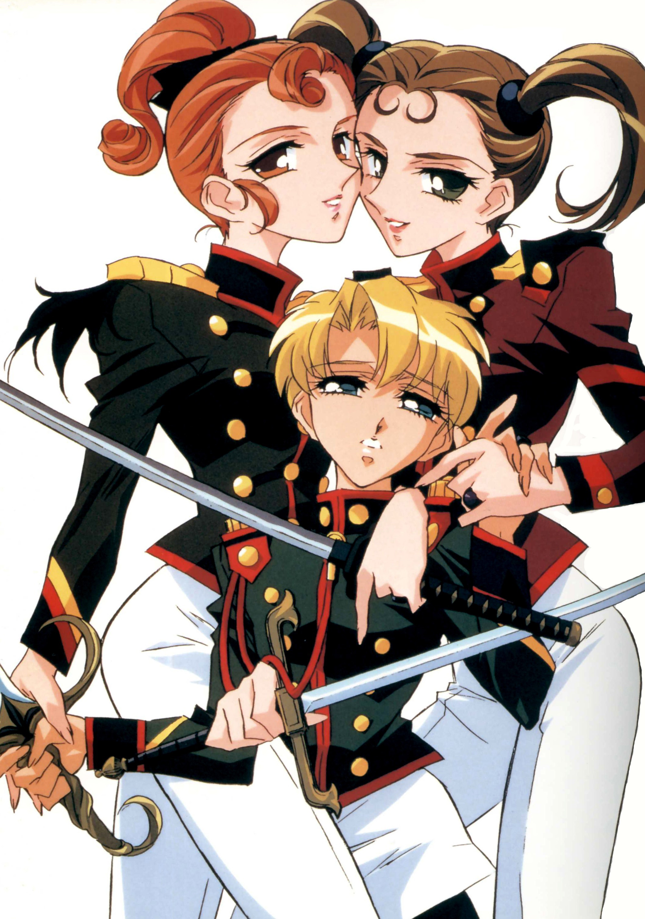 shinohara wakaba, sonoda keiko, tsuwabuki mitsuru, shoujo kakumei utena, absurdres, highres, official art, scan, 1990s (style), 1boy, 2girls, aiguillette, aqua eyes, blonde hair, brown eyes, brown hair, girl sandwich, katana, multiple girls, pantyhose, ponytail, red hair, retro artstyle, sandwiched, sword, twintails, weapon, white background