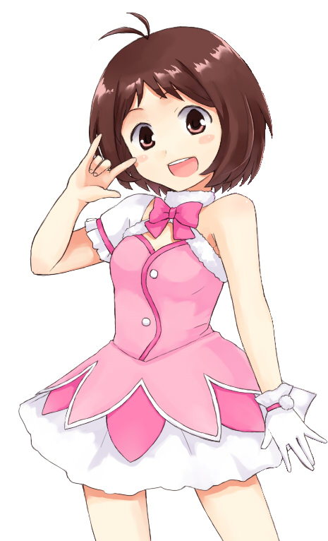 himetsuba, hidaka ai, idolmaster, idolmaster dearly stars, md5 mismatch, 00s, 1girl, ahoge, antenna hair, bare shoulders, blush, brown hair, cute & girly (idolmaster), female focus, gloves, m/, open mouth, red eyes, short hair, smile, solo