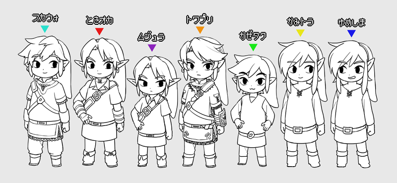 ktmr mgmg, link, nintendo, the legend of zelda, the legend of zelda: a link to the past, the legend of zelda: link's awakening, the legend of zelda: majora's mask, the legend of zelda: ocarina of time, the legend of zelda: skyward sword, the legend of zelda: the wind waker, the legend of zelda: twilight princess, commentary request, 6+boys, :3, armor, boots, chainmail, chibi, chibi only, closed mouth, copyright name, earrings, grey background, hand on own hip, hands on own hips, jewelry, light smile, multiple boys, pants, parted bangs, parted lips, phrygian cap, pointy ears, shoulder belt, sidelocks, smile, swept bangs, tunic, vambraces